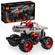 A LEGO Technic Monster Jam ThunderROARus pull-back teherautója a dobozával együtt látható, amely 232 darabból áll. A jármű piros és szürke dizájnnal, nagy kerekekkel és dinoszaurusz által inspirált részletekkel rendelkezik, például éles fogakkal és mechanikus elemekkel.
