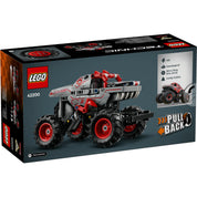 A LEGO Technic Monster Jam ThunderROARus szett dobozának hátulja, amely az összeszerelt teherautót mutatja a pull-back mechanizmusával, valamint specifikációkkal, mint például a szuperfeltöltős V8 motor, nagy kerekek és agresszív dinoszaurusz témájú dizájnelemek.