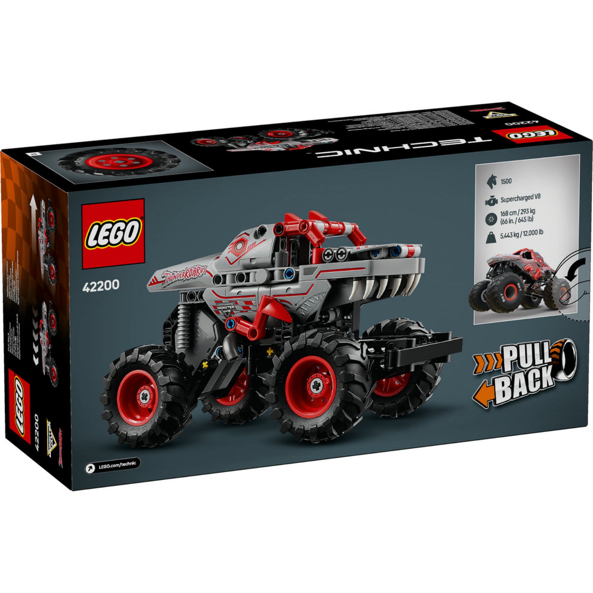 A LEGO Technic Monster Jam ThunderROARus szett dobozának hátulja, amely az összeszerelt teherautót mutatja a pull-back mechanizmusával, valamint specifikációkkal, mint például a szuperfeltöltős V8 motor, nagy kerekek és agresszív dinoszaurusz témájú dizájnelemek.