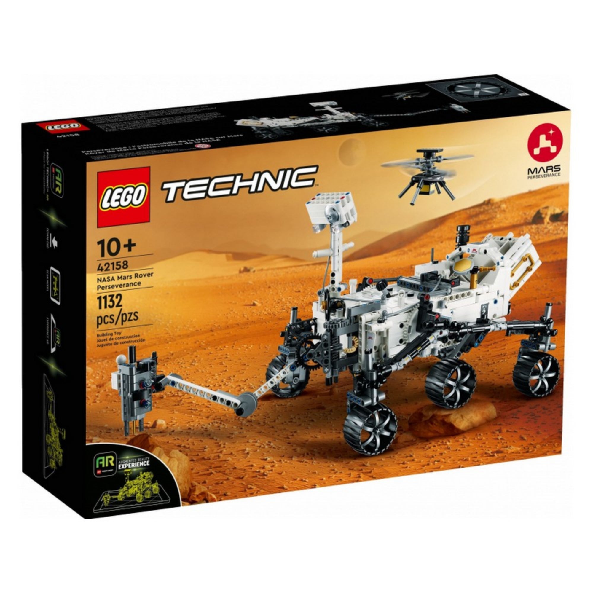 LEGO Technic NASA Mars Rover Perseverance 42158 doboza, a marsi tájat idéző háttérrel, valamint a 1132 darabból álló készlet és az AR funkció is kiemelve.