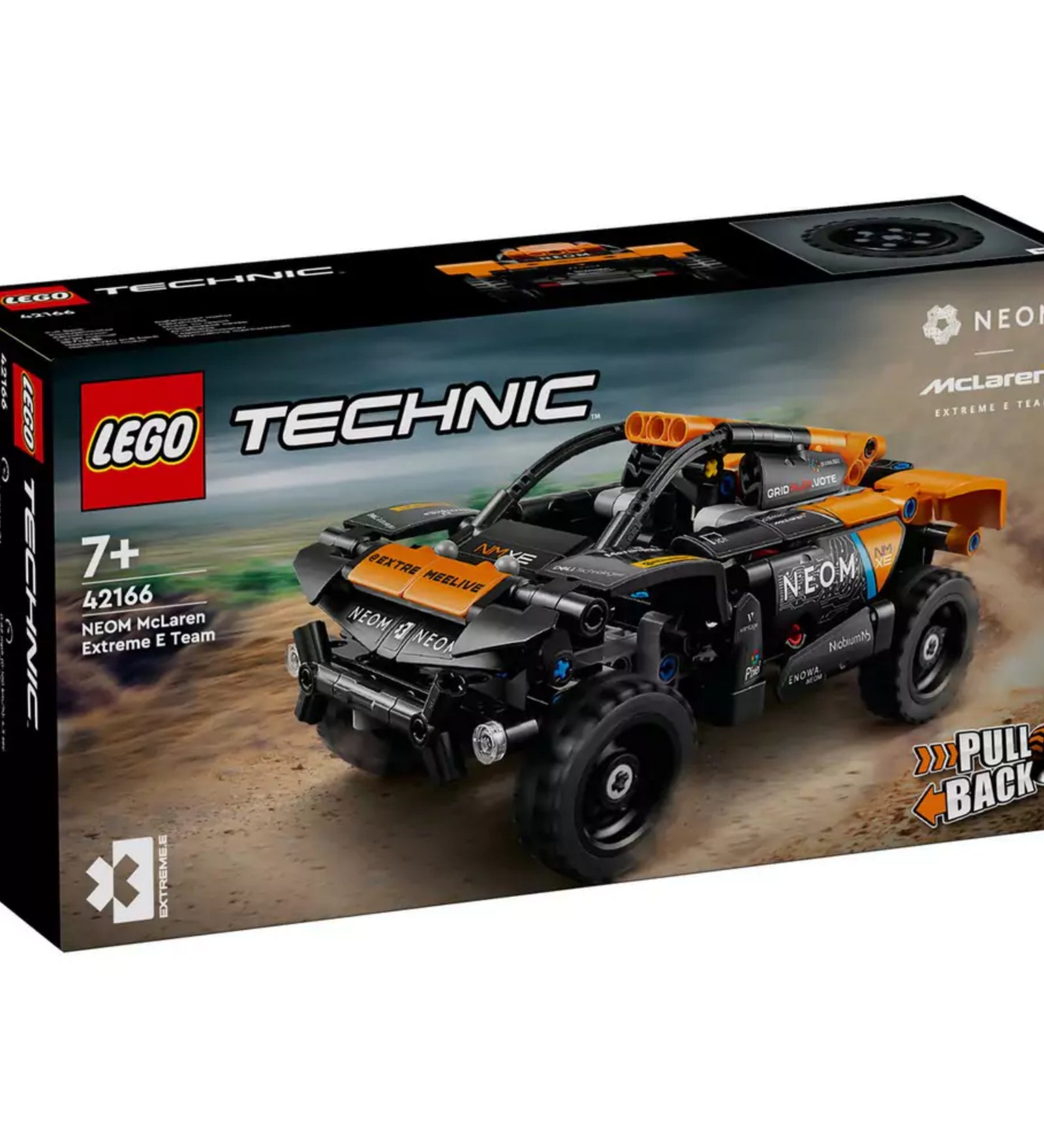 LEGO Technic NEOM McLaren Extreme E versenyautó (42166) doboza, amelyen a 252 elemből álló modell dinamikus képén a Pull-Back funkció is látható, 7 éves kortól ajánlva.