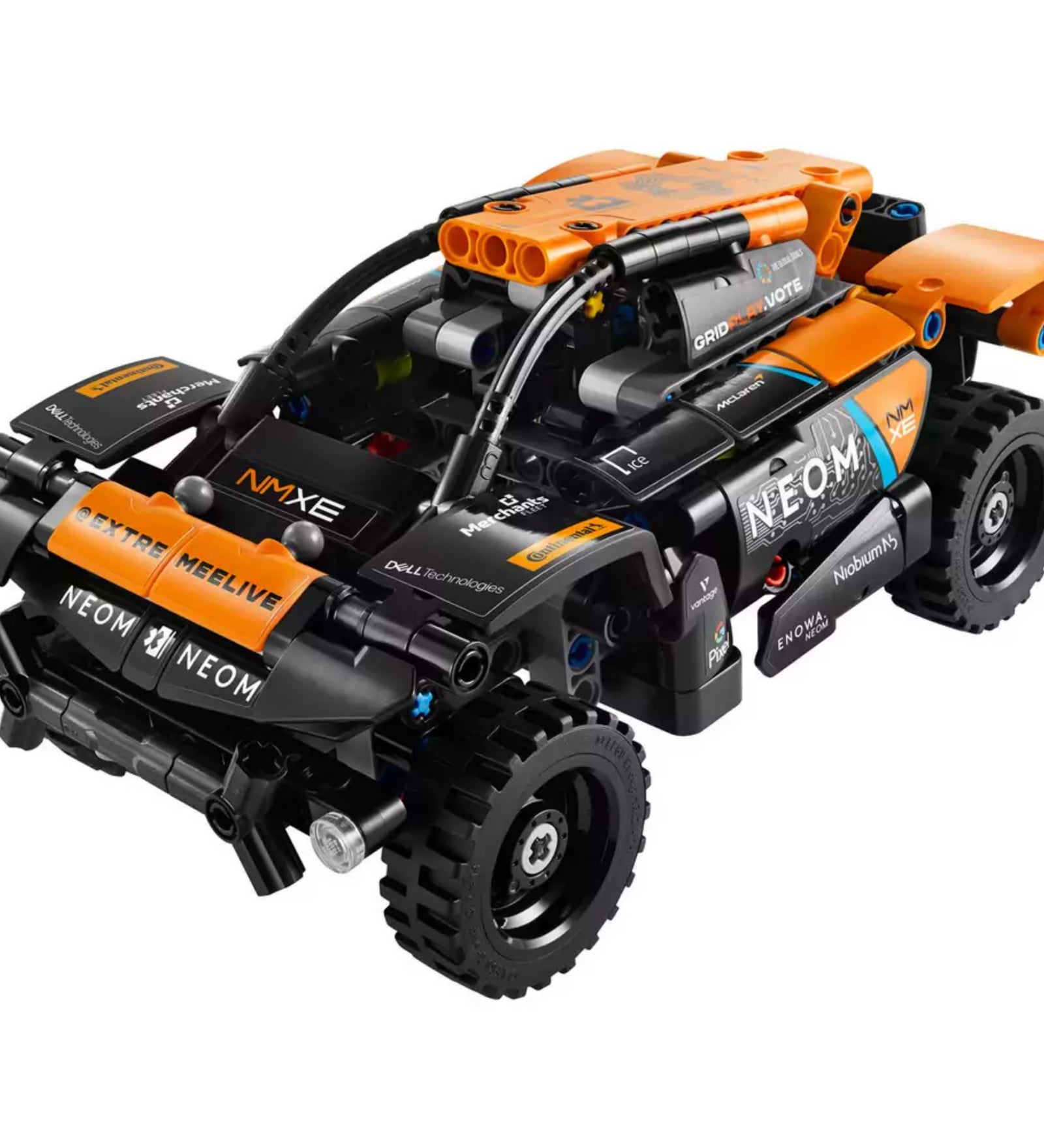 LEGO Technic NEOM McLaren Extreme E versenyautó (42166) doboza, amelyen a 252 elemből álló modell dinamikus képén a Pull-Back funkció is látható, 7 éves kortól ajánlva.