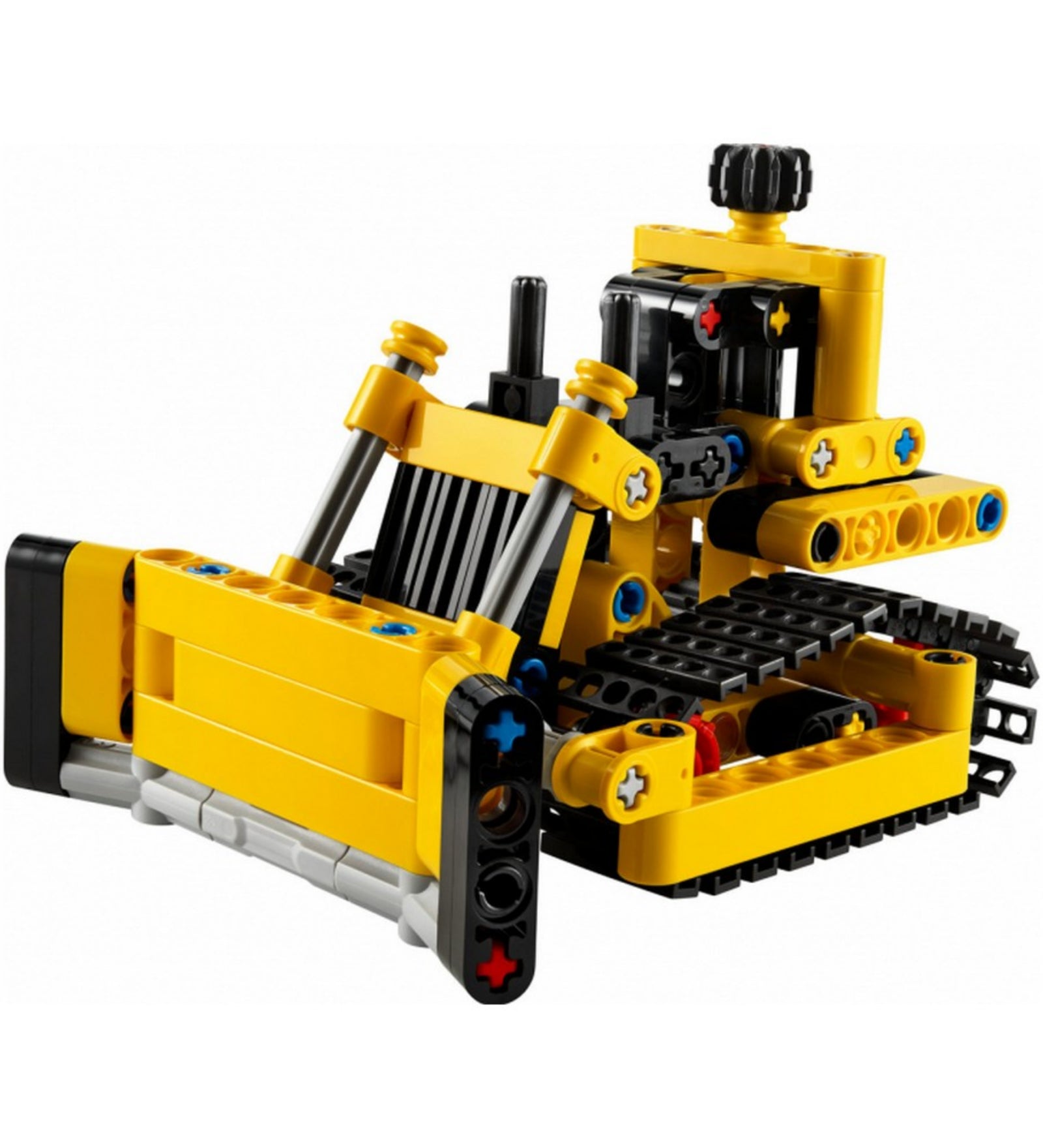 LEGO Technic Nagy teljesítményű buldózer 42163 modell összerakva, sárga és fekete színekben, mozgatható tolólappal és lánctalpas kialakítással.