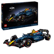 LEGO Technic Red Bull formaautó (42206) szett doboza és az összerakott sötétkék, sárga, fekete és piros színekben pompázó versenyautó-modell elölnézetből.
