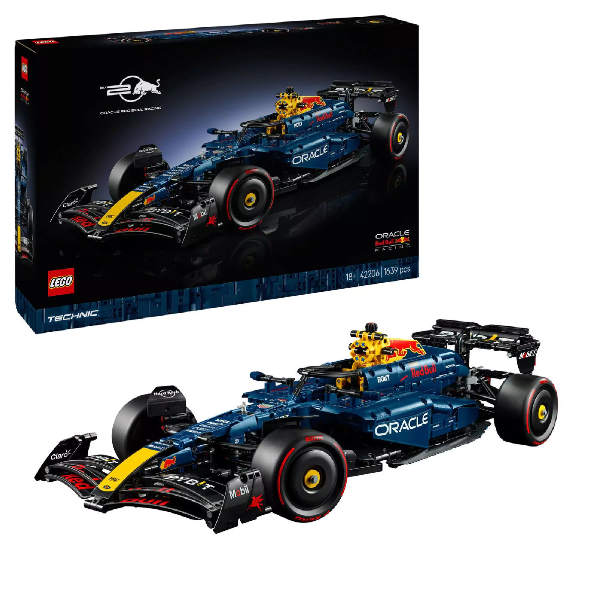 LEGO Technic Red Bull formaautó (42206) szett doboza és az összerakott sötétkék, sárga, fekete és piros színekben pompázó versenyautó-modell elölnézetből.