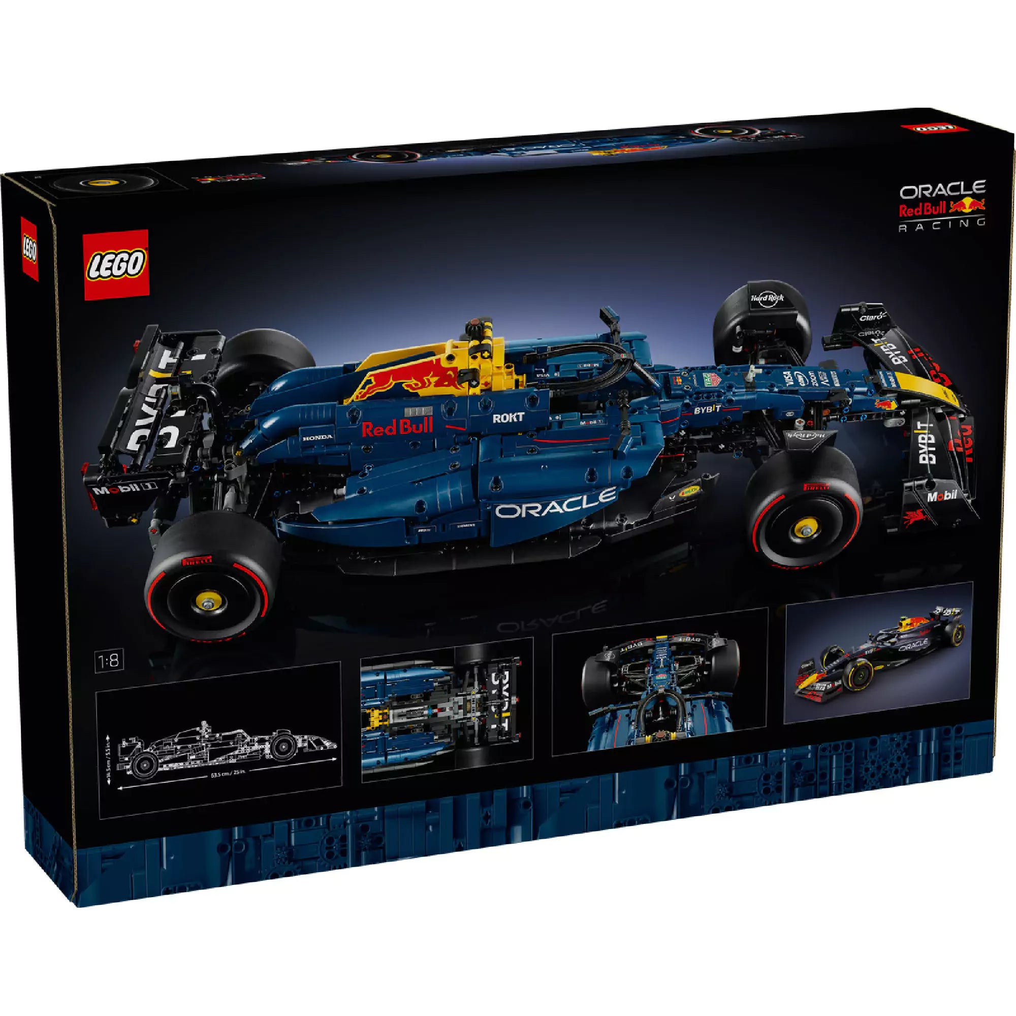 A LEGO Technic Red Bull formaautó (42206) szett hátoldala, részletes technikai illusztrációkkal és a modell oldalnézeti képével.