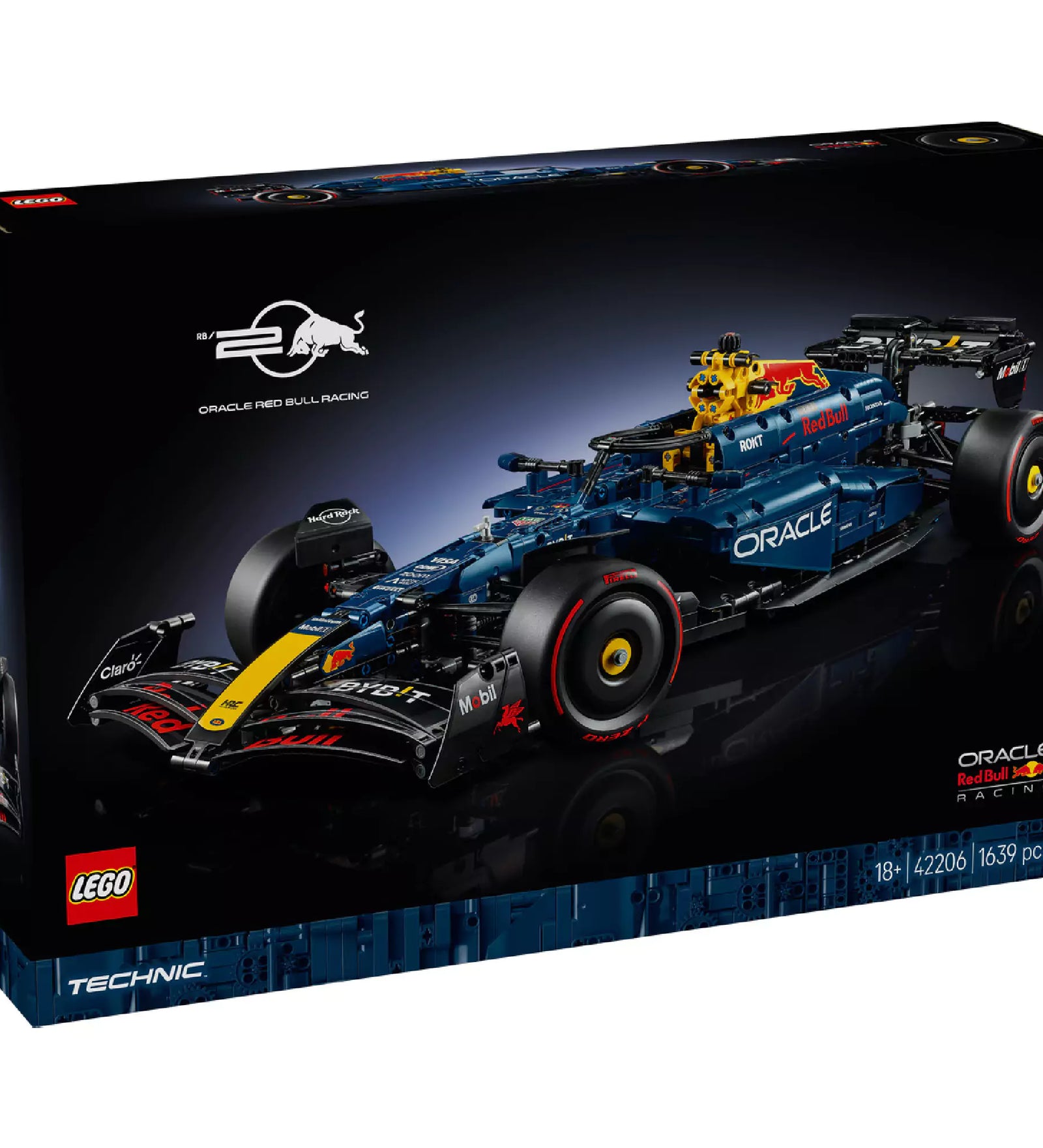 A LEGO Technic Red Bull formaautó (42206) doboza enyhén szögből fotózva, fókuszban a látványos formaautó modell és a Red Bull logó.