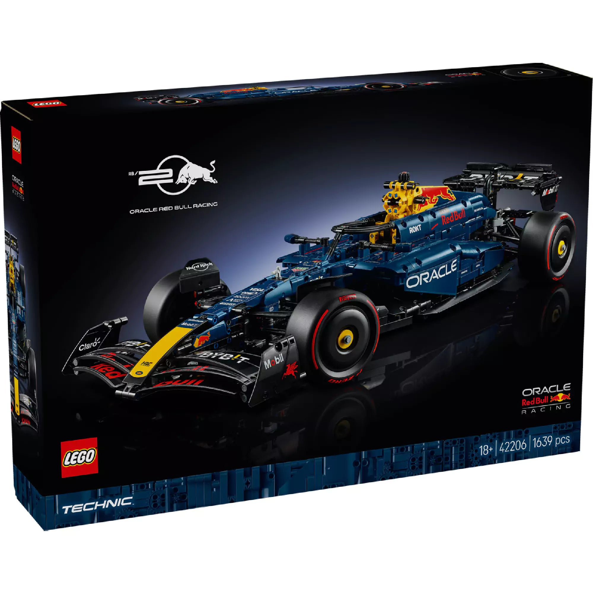 A LEGO Technic Red Bull formaautó (42206) doboza enyhén szögből fotózva, fókuszban a látványos formaautó modell és a Red Bull logó.