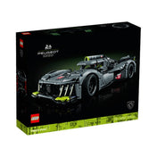 A LEGO Technic PEUGEOT 9X8 (42156) hivatalos doboza fekete alapon, zöld részletekkel, a készlet grafikájával, valamint a Le Mans logóval és a 18+ korosztály jelzésével.