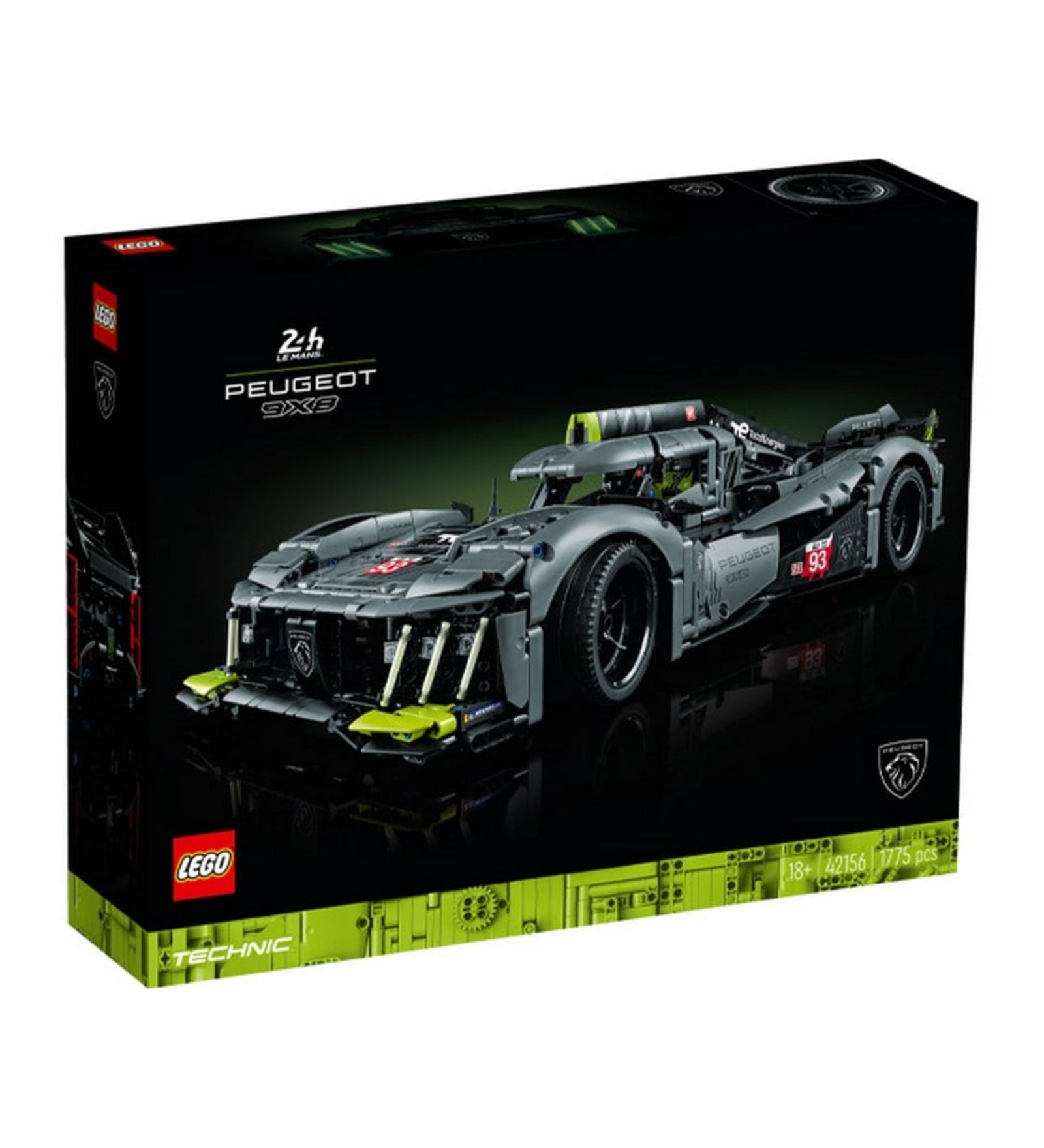 A LEGO Technic PEUGEOT 9X8 (42156) hivatalos doboza fekete alapon, zöld részletekkel, a készlet grafikájával, valamint a Le Mans logóval és a 18+ korosztály jelzésével.