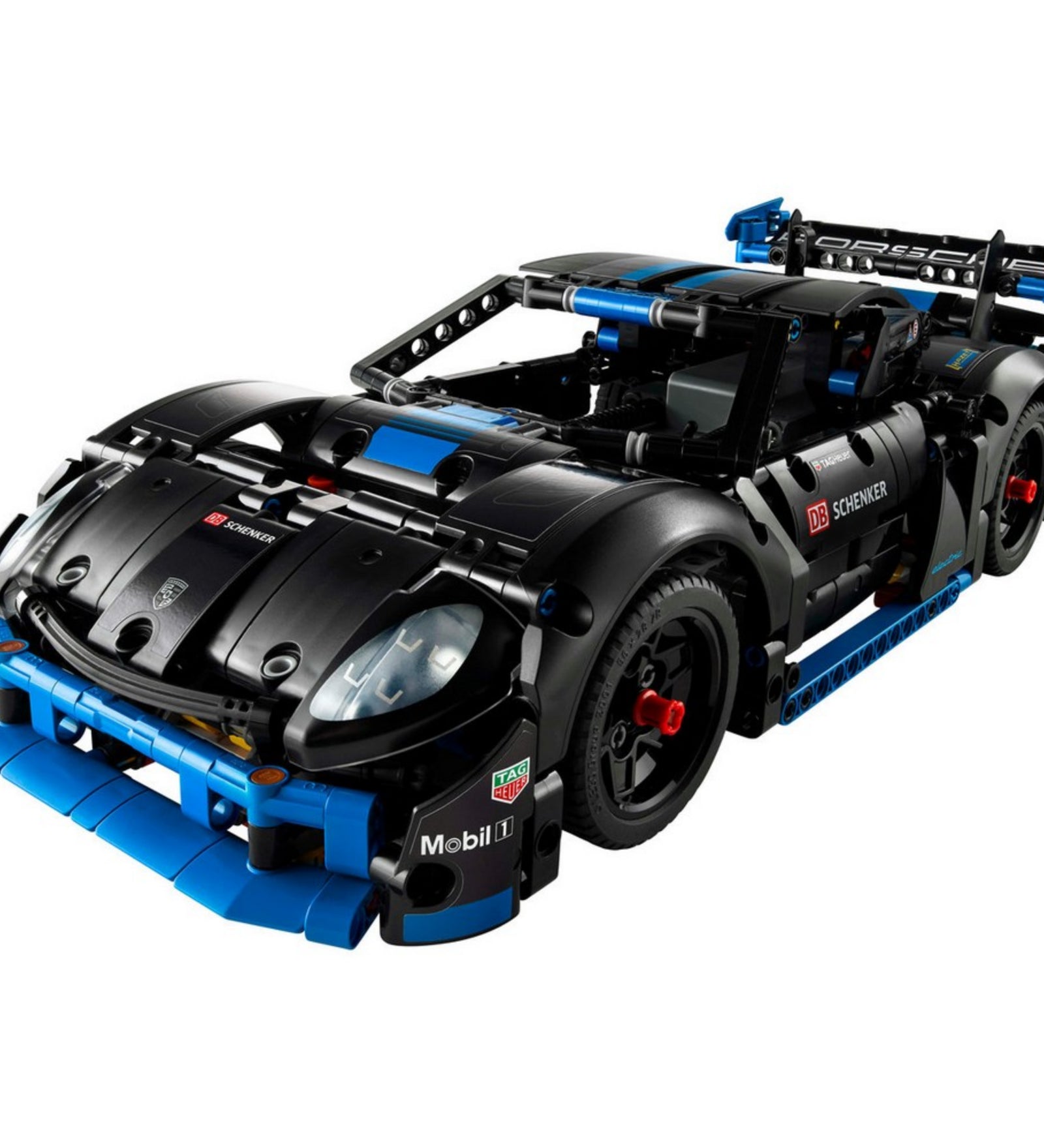 A teljesen összeépített LEGO Technic Porsche GT4 e-Performance fekete-kék színvilágban, részletes versenyautó kialakítással, matricázással és spoilerekkel.