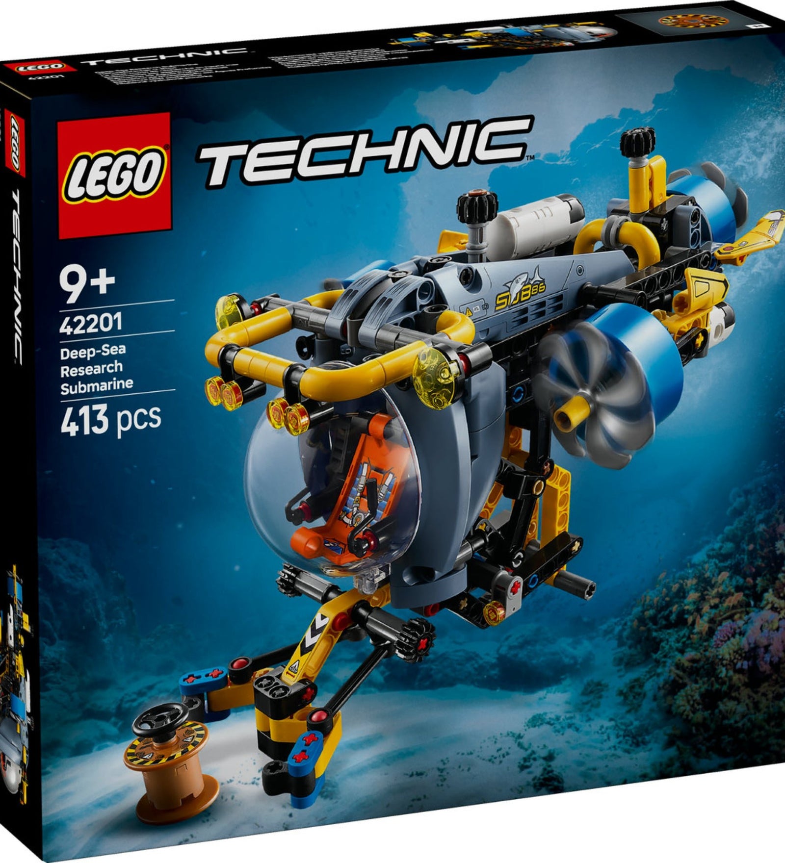 LEGO Technic Tengeralattjáró Kutatójármű 42201 a dobozán, részletesen bemutatva a forgatható propellereket, a kinyújtható kart és a pilótafülkét.