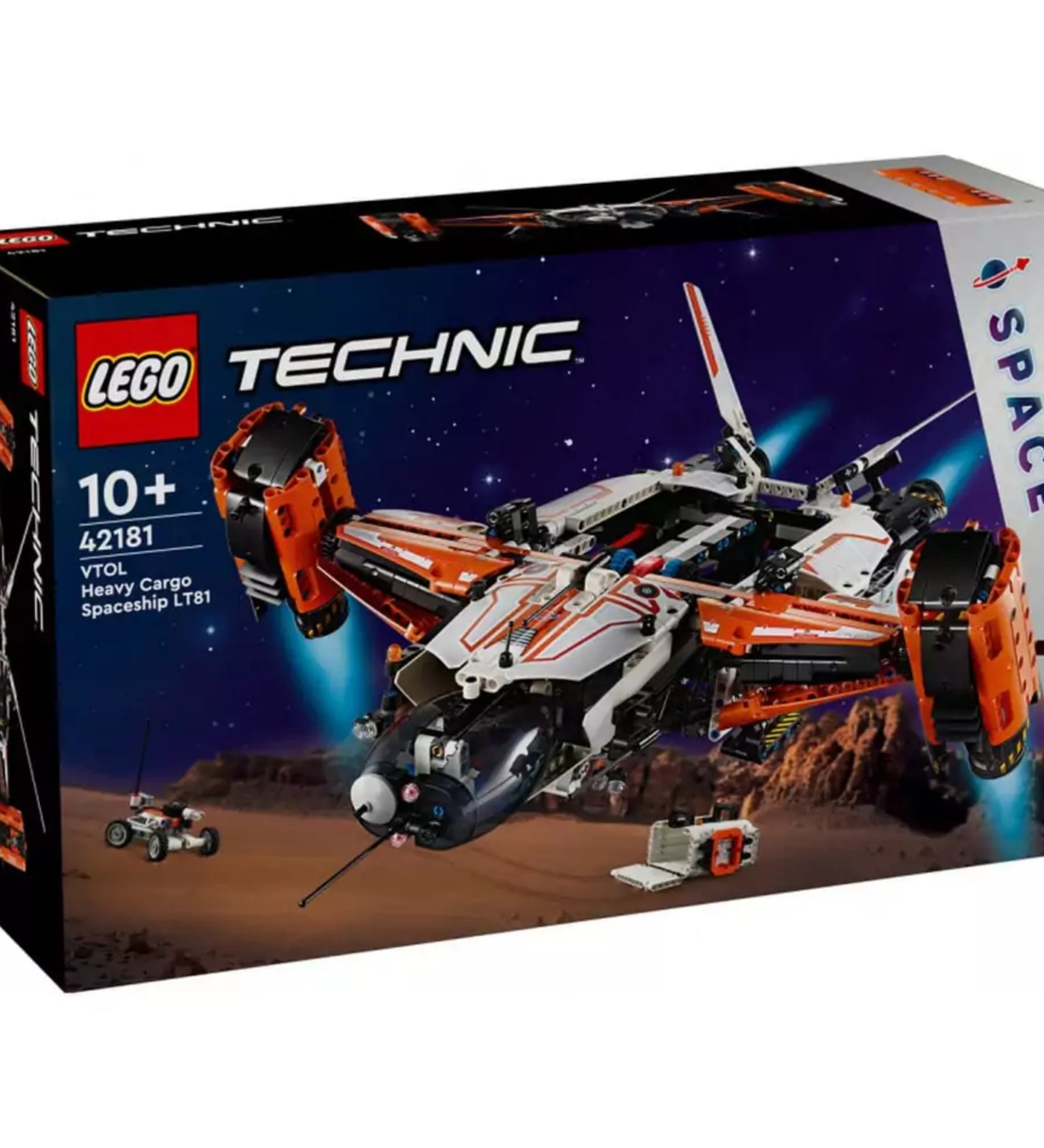 A LEGO Technic VTOL teherszállító űrhajó LT81 (42181) készlet dobozának előnézeti képe, a háttérben marsi tájjal és a modell kiemelt részleteivel, a dobozon a „Space” logó is látható.