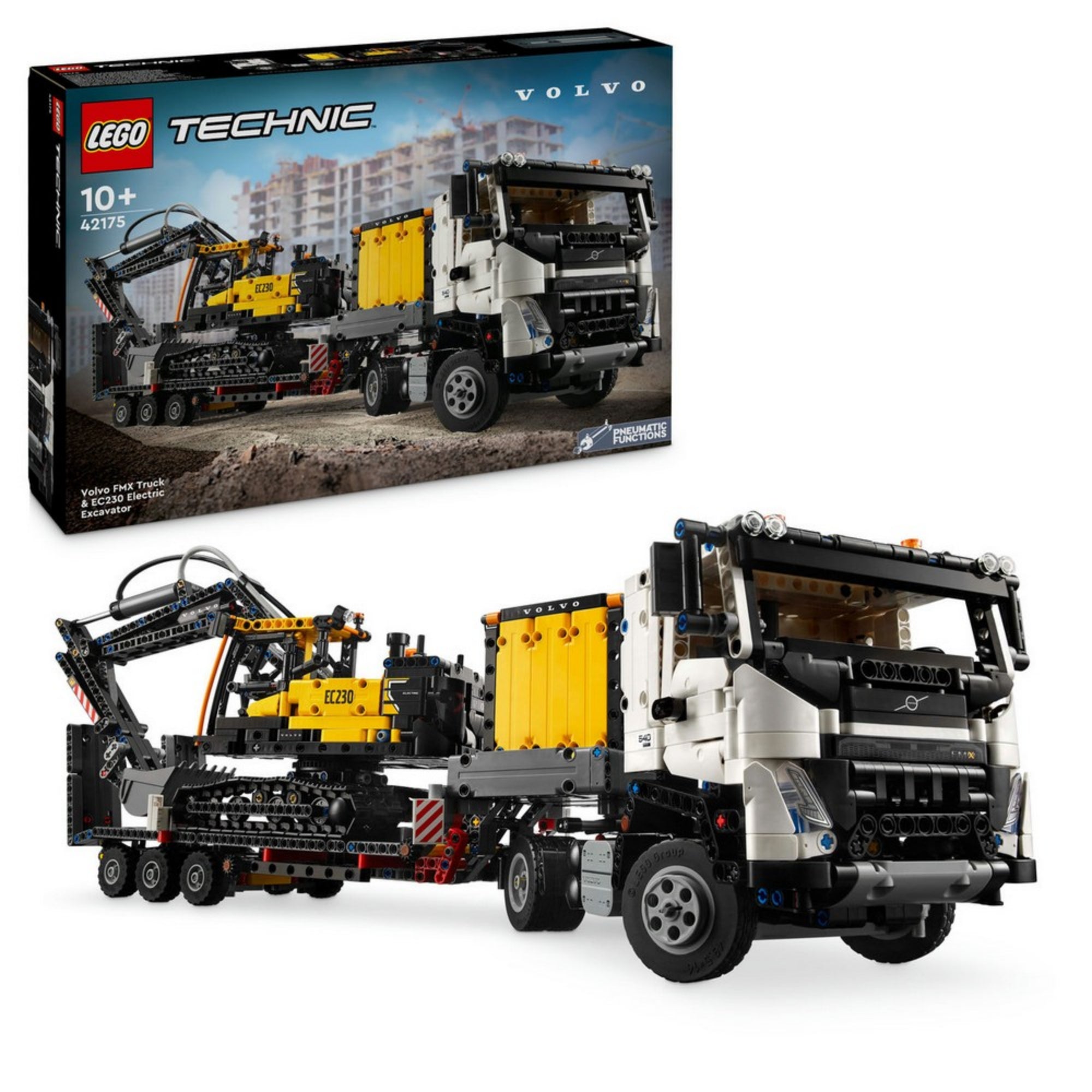 LEGO Technic Volvo FMX teherautó és EC230 elektromos markoló doboza és a készlet összeépített változata, amely részletesen bemutatja a teherautót és a szállított markolót.