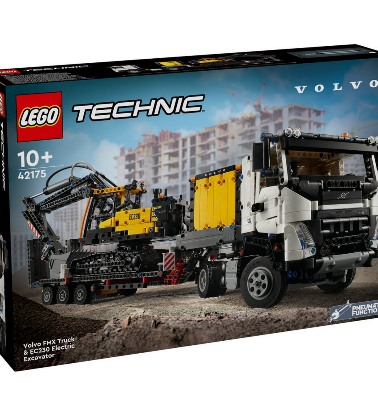 LEGO Technic 42175 Volvo FMX teherautó és EC230 elektromos markoló dobozának előnézete városi építkezési háttérrel.