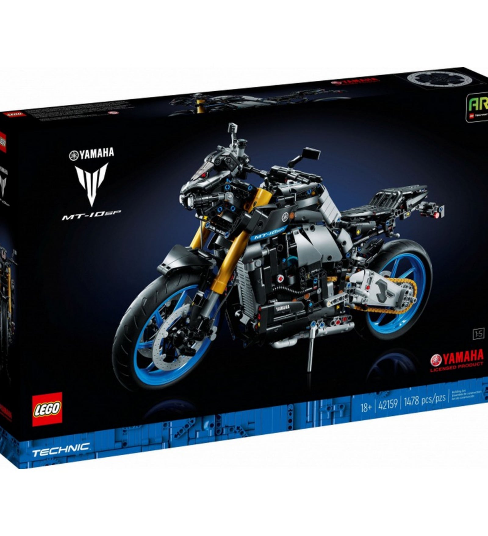 LEGO Technic Yamaha MT-10 SP 42159 doboza, sötét háttérrel, a motor részletes grafikájával és a 1478 darabos készletre, valamint az AR élményre utaló információkkal.