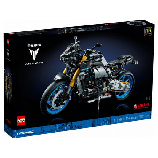 LEGO Technic Yamaha MT-10 SP 42159 doboza, sötét háttérrel, a motor részletes grafikájával és a 1478 darabos készletre, valamint az AR élményre utaló információkkal.