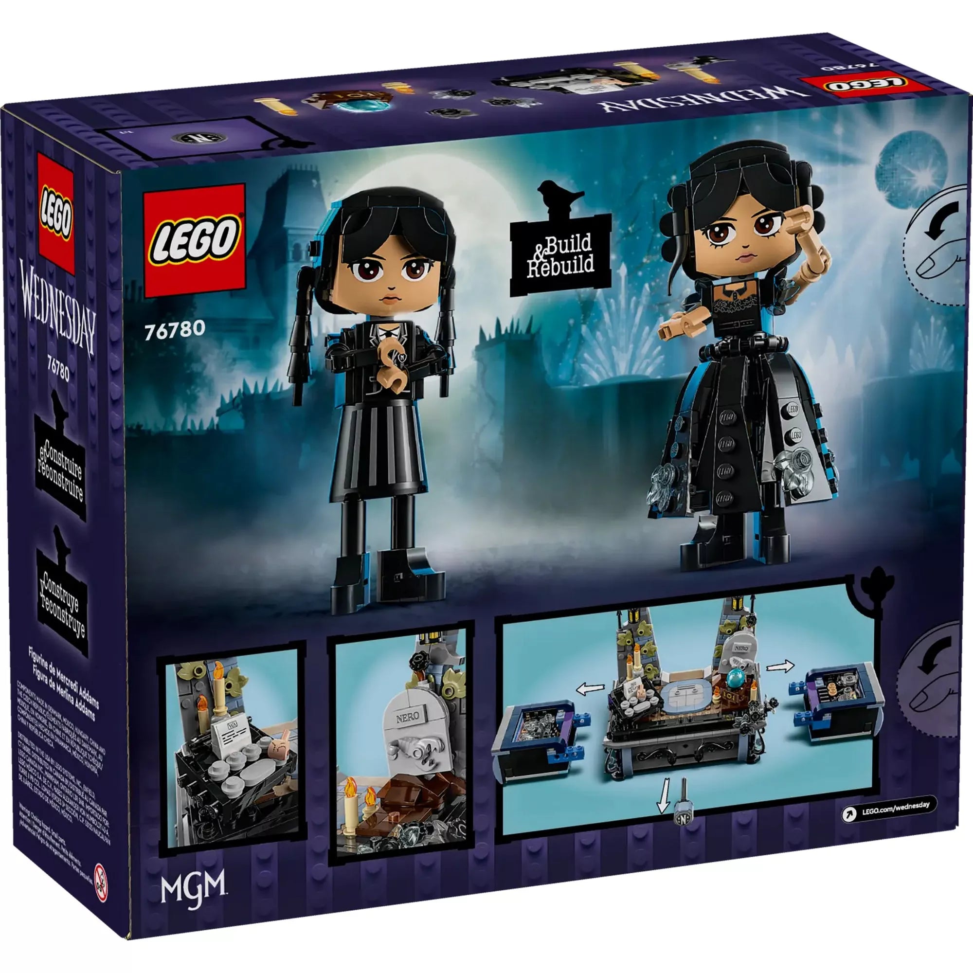 A LEGO Wednesday Addams figura (76780) dobozának hátoldala, amely bemutatja a két különböző megépíthető megjelenést és a részletesen kidolgozott díszletet.