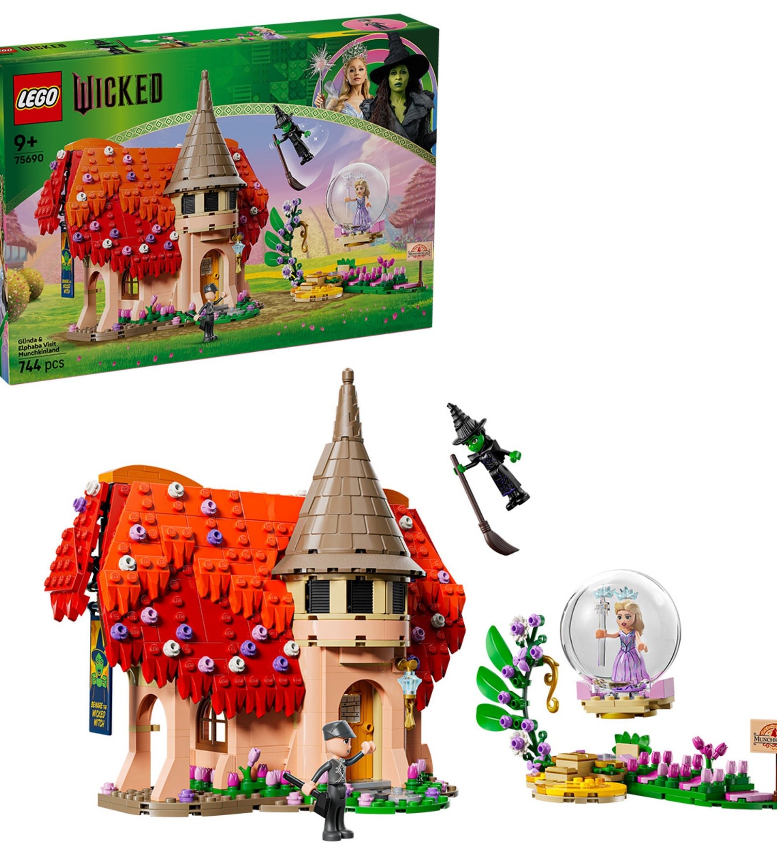 LEGO Wicked 75690 doboz és készlet – piros tetős ház, Glinda és Elphaba minifigurák, varázslatos jelenet