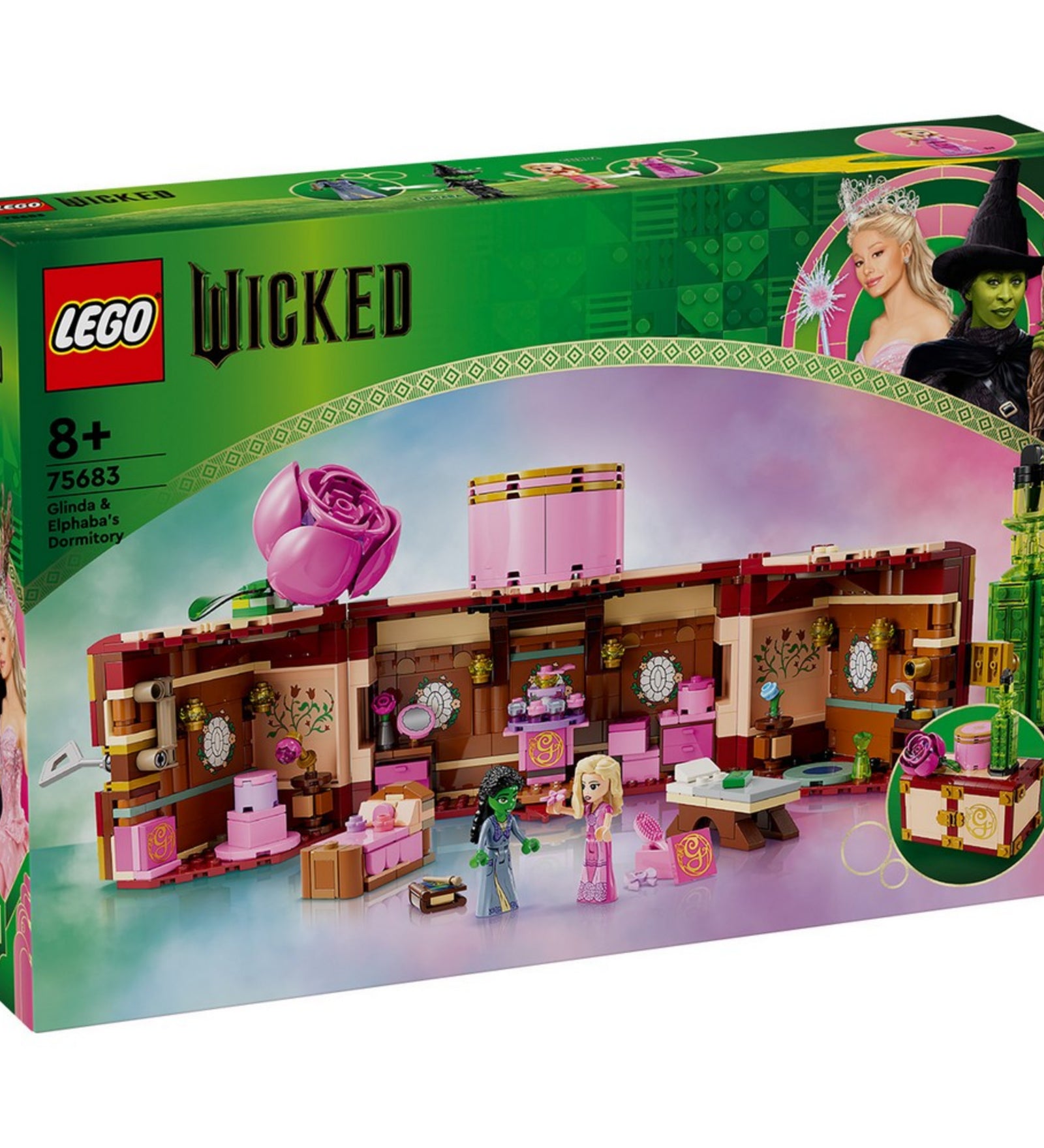 LEGO Wicked Glinda és Elphaba kollégiumi szobája (75683) doboza, amelyen a nyitott szoba és a két minifigura látható egy rózsaszín és zöld tónusú varázslatos háttérrel.