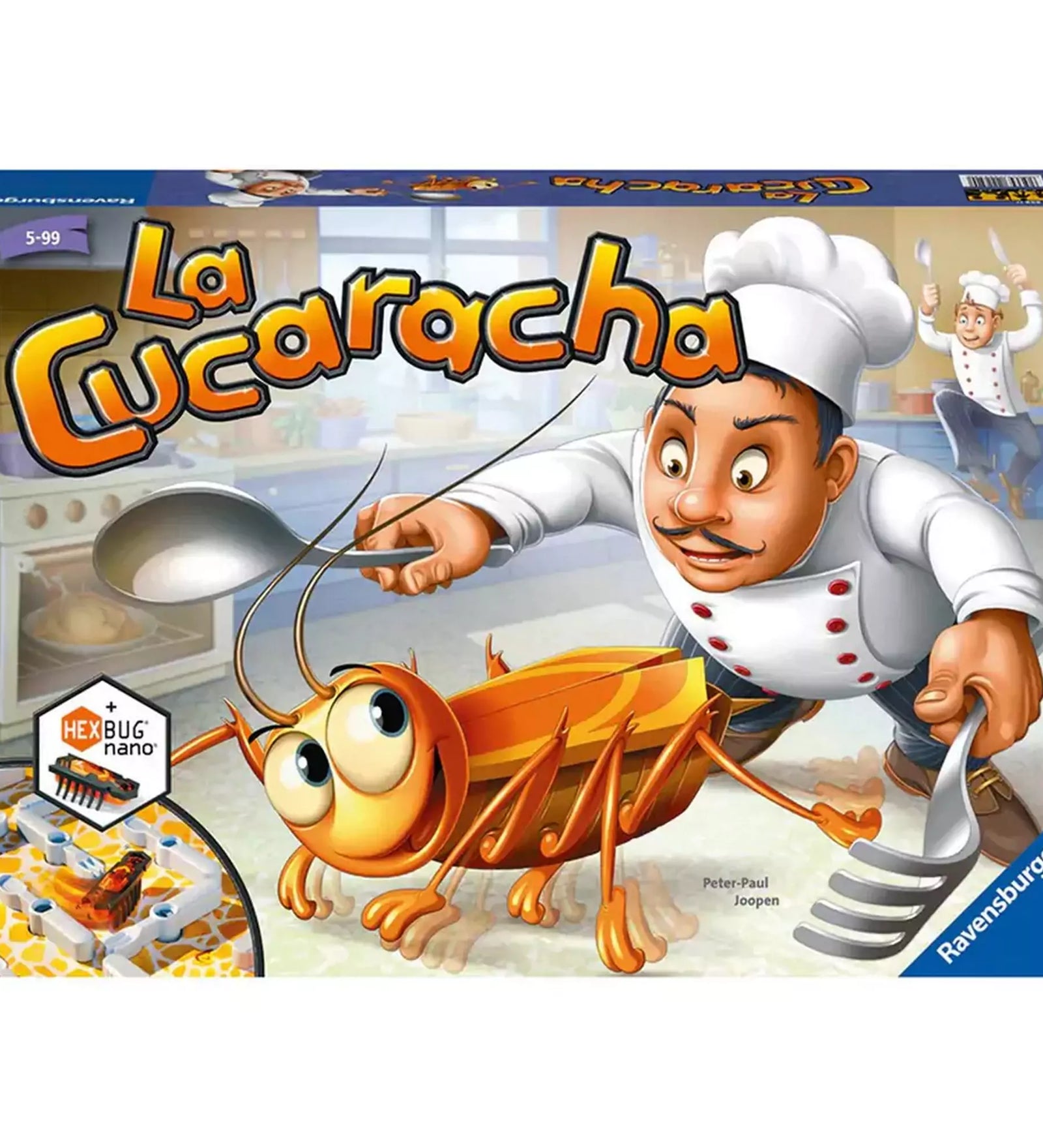 La Cucaracha társasjáték doboza. A borítón egy szakács próbál elkapni egy óriási csótányt. A Ravensburger családi játék Hexbug Nano-val.