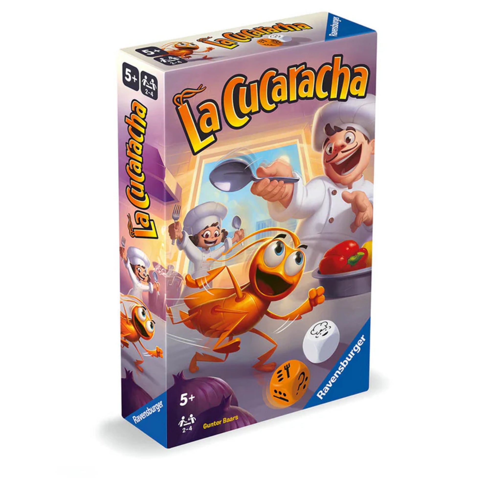 La Cucaracha doboz szögből fotózva, vidám szakácsok és egy menekülő csótány színes, rajzfilmszerű illusztrációjával.
