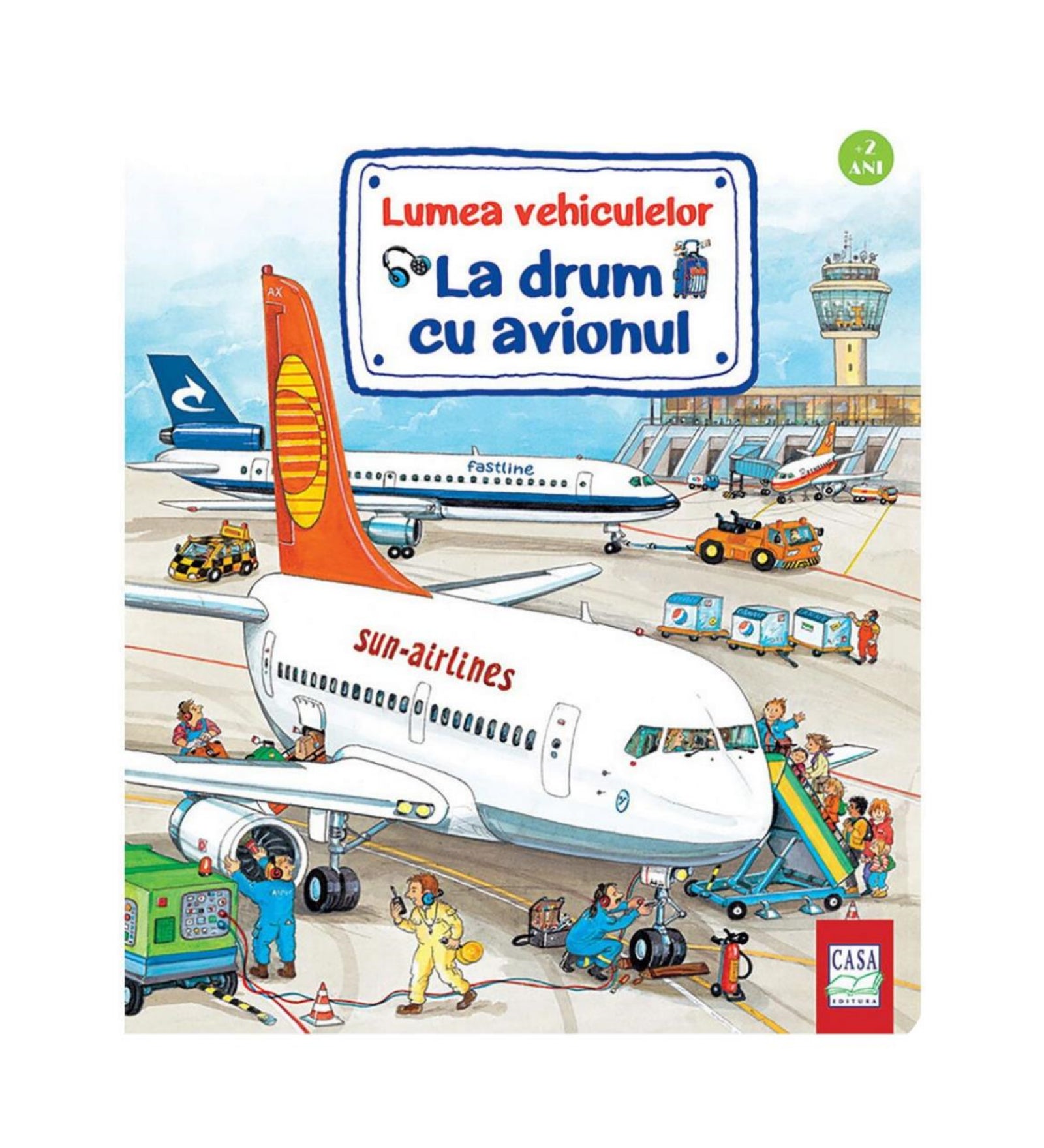 „La drum cu avionul” román nyelvű gyerekkönyv borítója, amely egy repülőtéren zajló jelenetet ábrázol: utasok szállnak fel a repülőre, a személyzet dolgozik, járművek mozognak a kifutón.