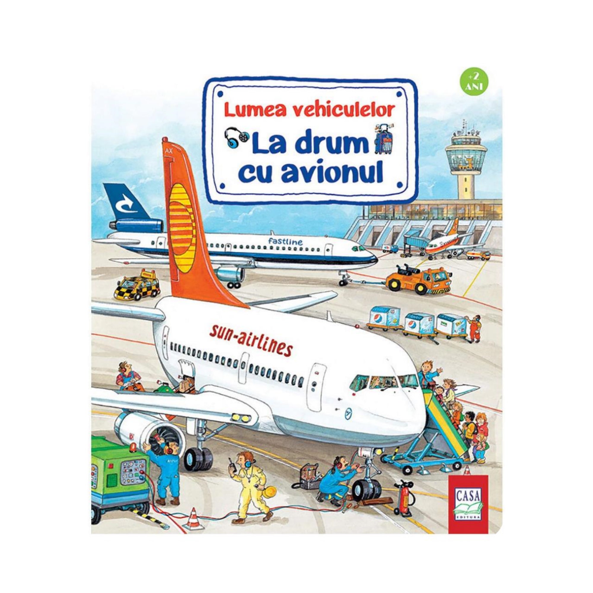„La drum cu avionul” román nyelvű gyerekkönyv borítója, amely egy repülőtéren zajló jelenetet ábrázol: utasok szállnak fel a repülőre, a személyzet dolgozik, járművek mozognak a kifutón.