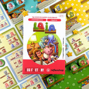 Laia társasjáték doboza felülről fotózva, körülötte a játék állatos korongjai, játéktáblái és feladatkártyái.