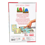 Laia társasjáték doboz hátoldala játékleírással, korosztály és játékidő jelöléssel, valamint játékmenetet bemutató grafikával.