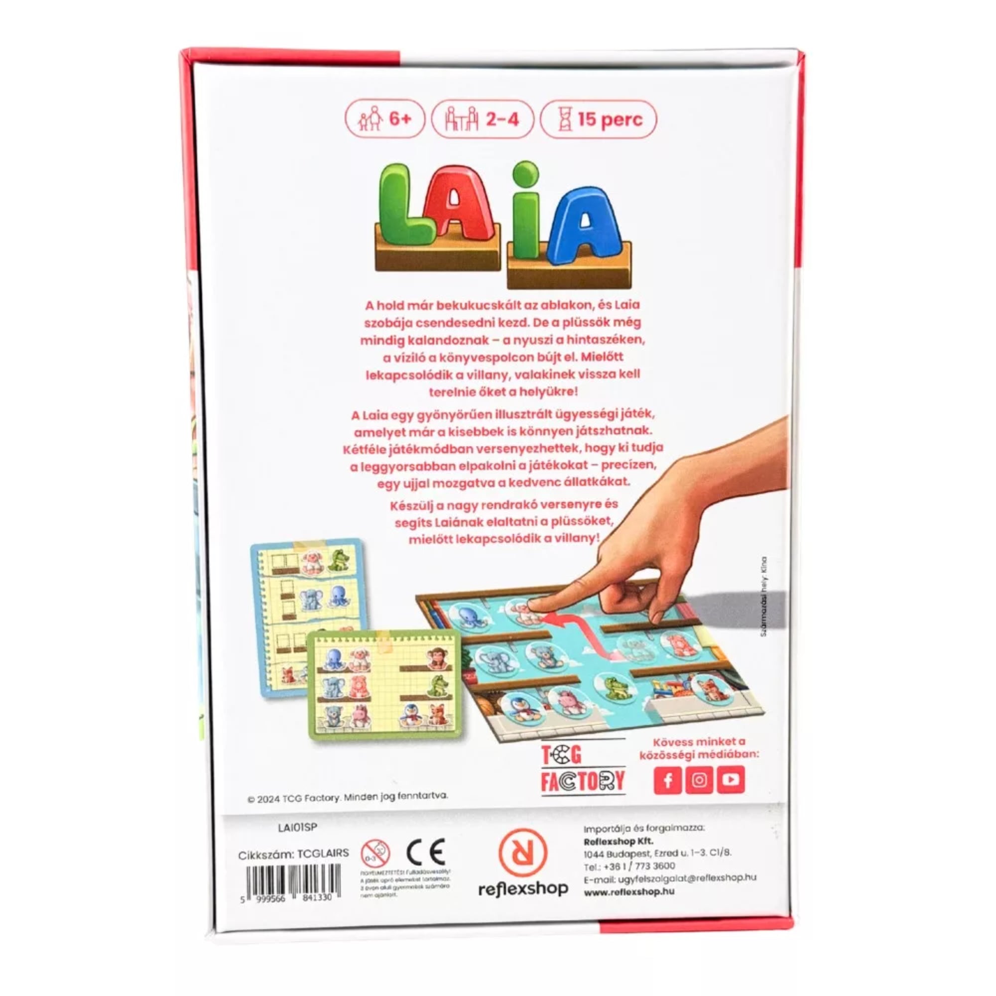 Laia társasjáték doboz hátoldala játékleírással, korosztály és játékidő jelöléssel, valamint játékmenetet bemutató grafikával.
