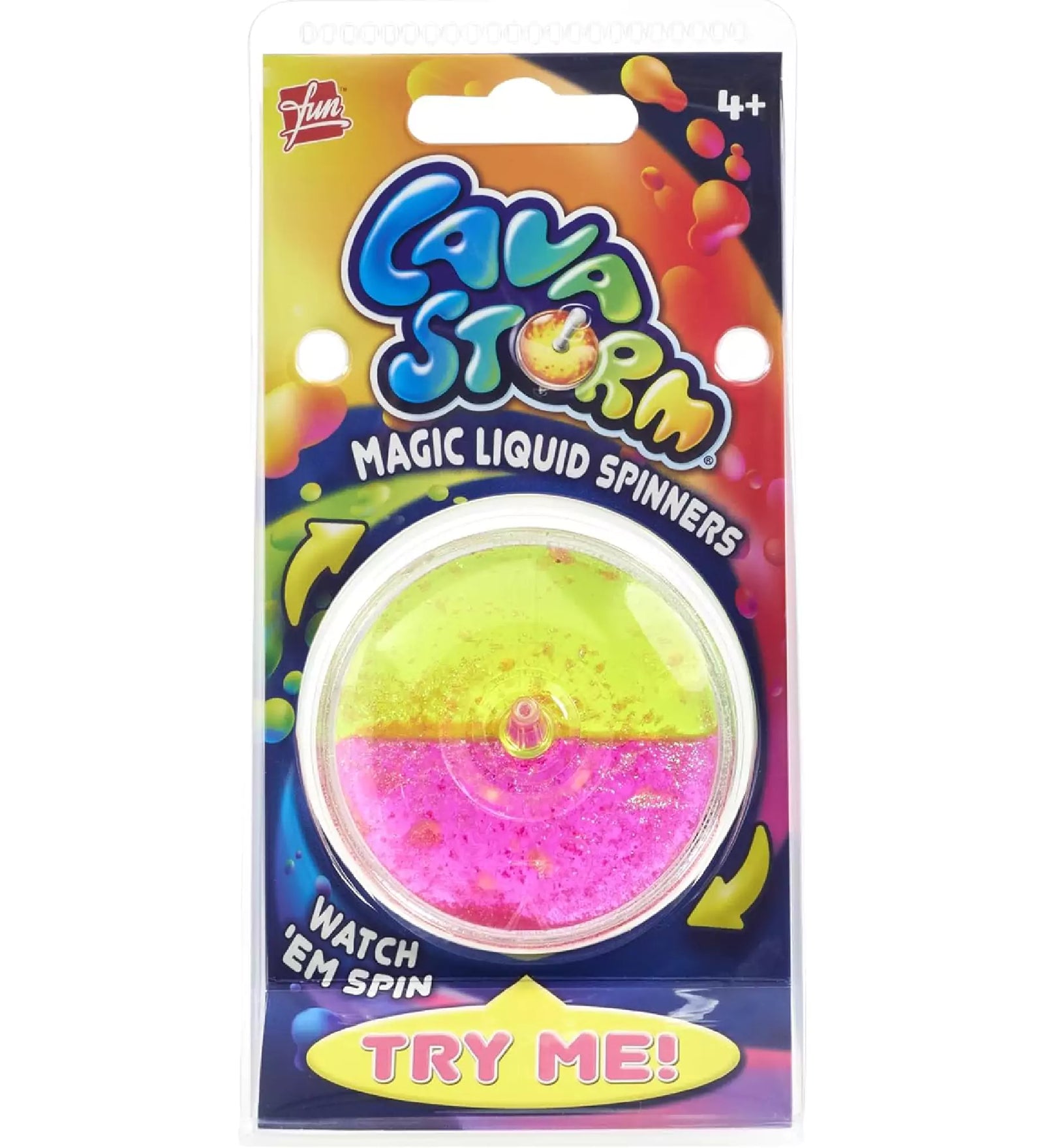 LavaStorm pörgettyű csomagolásban, „Magic Liquid Spinners” felirattal és sárga-rózsaszín színkombinációval. 