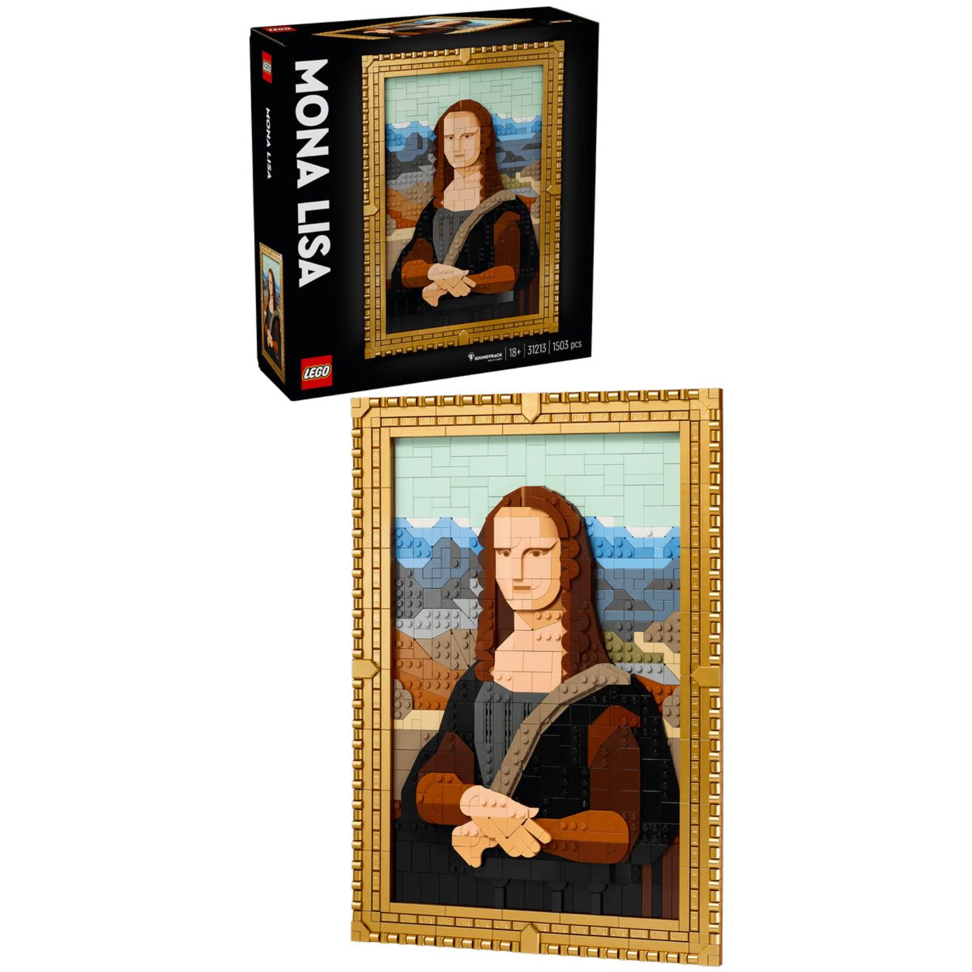 A képen a LEGO Art Mona Lisa (31213) építőkészlet és annak elkészült mozaikja látható. A szett ikonikus módon eleveníti fel Leonardo da Vinci mesterművét LEGO elemekből, egy elegáns aranykeretbe foglalva. A részletgazdag kialakítás és az élénk színek egy modern, építhető műalkotást hoznak létre, amely falra akasztva is tökéletes dekoráció.