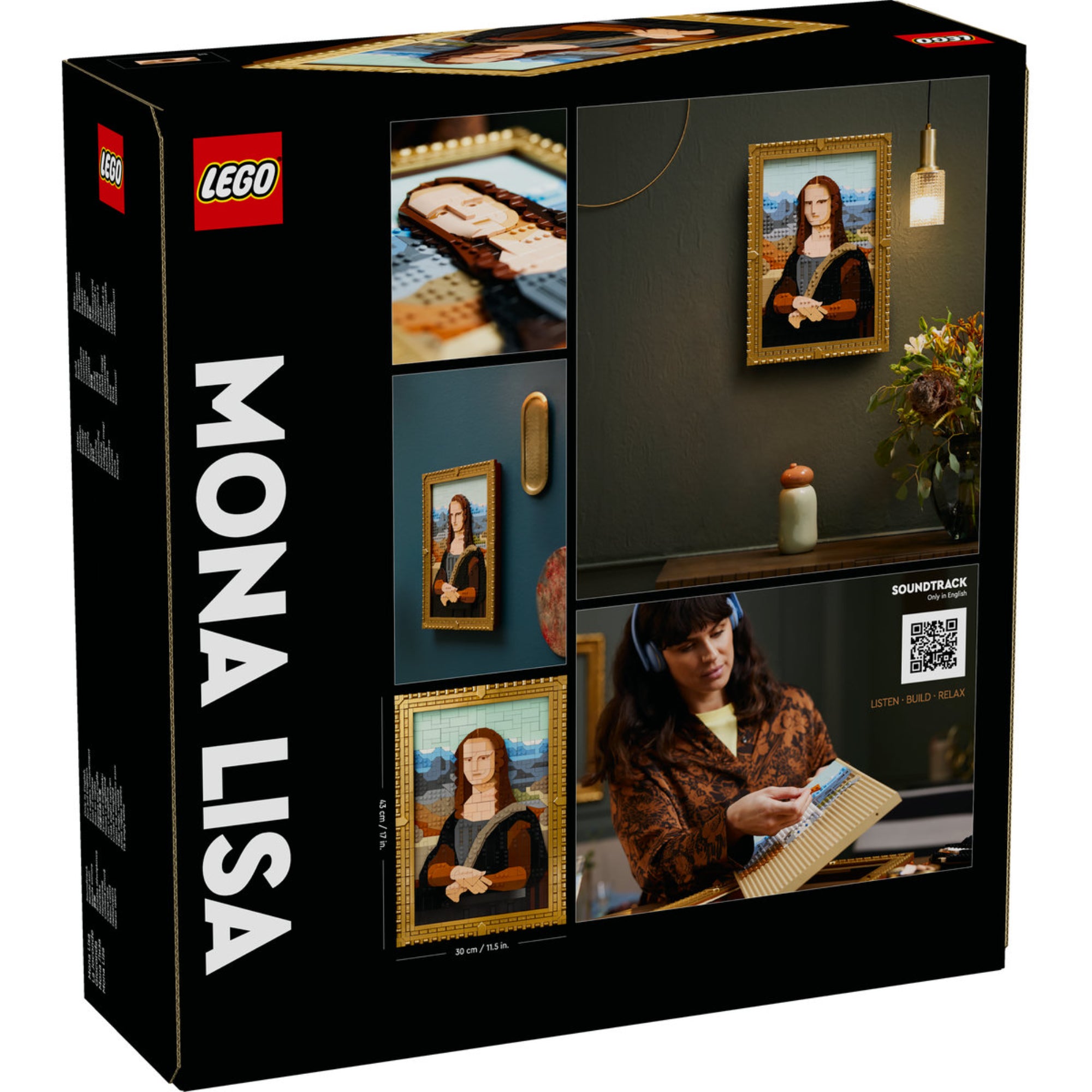 A képen a LEGO Art Mona Lisa (31213) építőkészlet hátoldala látható, amely bemutatja a kész alkotást és annak dekorációs lehetőségeit. A falra akasztható LEGO mozaik egyedi és modern módon idézi fel Leonardo da Vinci híres festményét. A csomag QR-kóddal ellátott hanganyagot is tartalmaz, amely még élvezetesebbé teszi az építési folyamatot.
