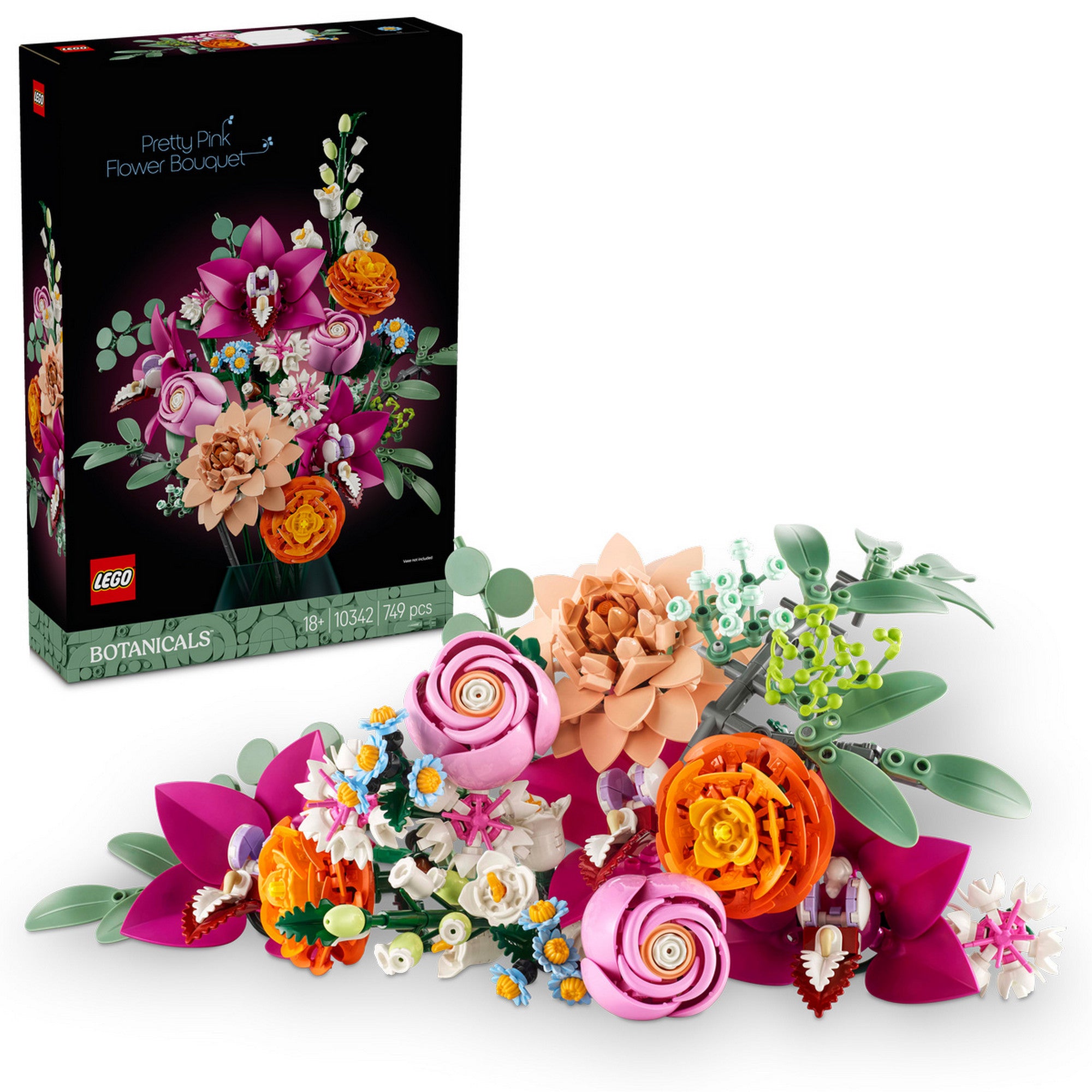 LEGO Botanicals Pretty Pink Flower Bouquet szett, amely egy lenyűgöző, rózsaszín virágokból és más színes növényi elemekből álló dekoratív csokrot ábrázol. A készlet darabjai között rózsák, dáliák, orhideák és egyéb virágok találhatóak, míg a háttérben a szett elegáns doboza látható, amely kiemeli a kreatív és esztétikus dizájnt.