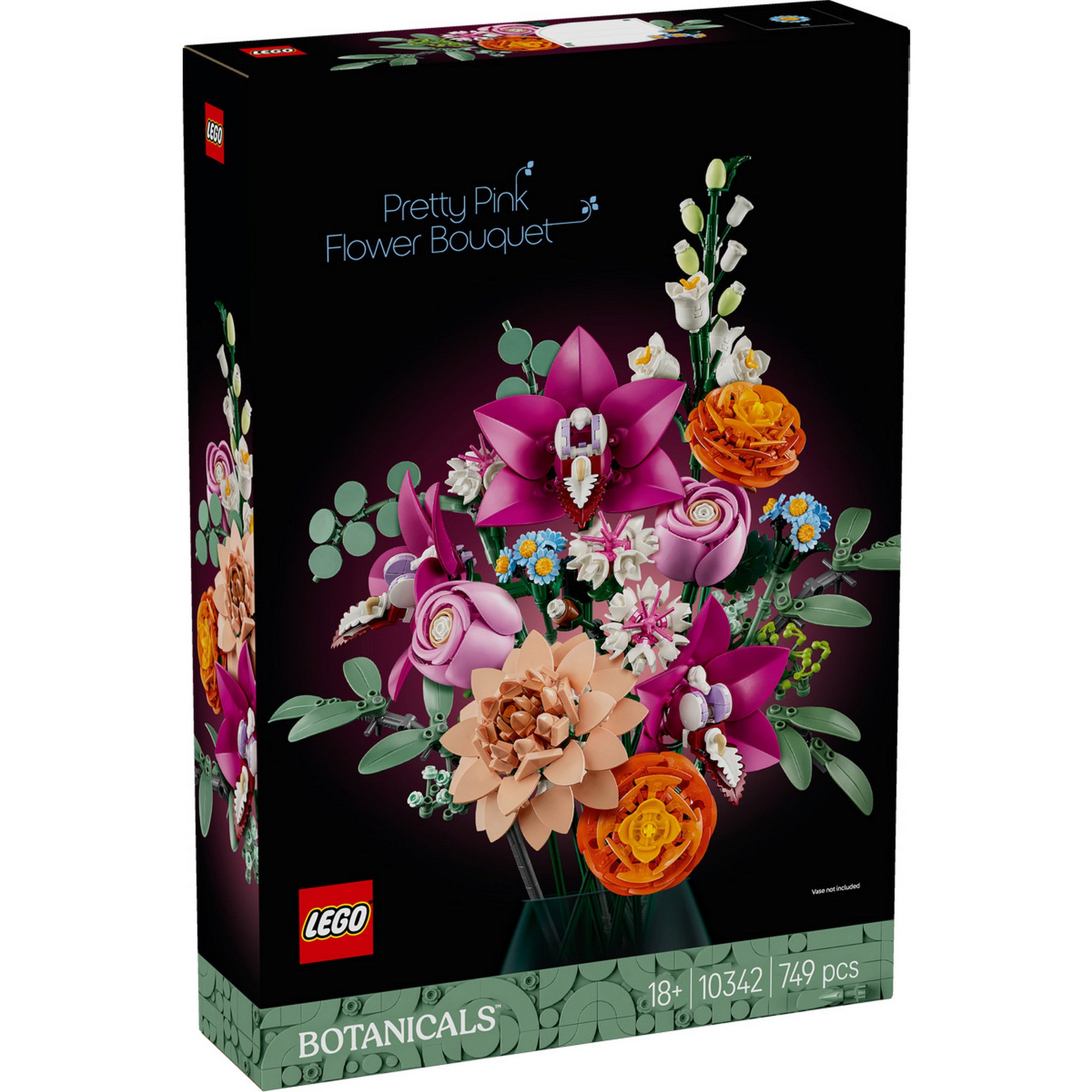 LEGO Botanicals Rózsaszín Virágcsokor, amely margaréták, rózsák, orchideák és más virágok gyönyörű kompozícióját ábrázolja, elegáns dekorációs célokra.