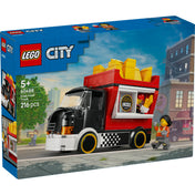 LEGO City Sültkrumplis food truck készlet dobozának eleje, piros-fekete ételes teherautóval.
