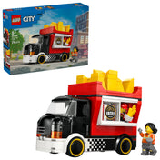 LEGO City 60488 Sültkrumplis food truck készlet doboza és megépített jármű minifigurákkal.