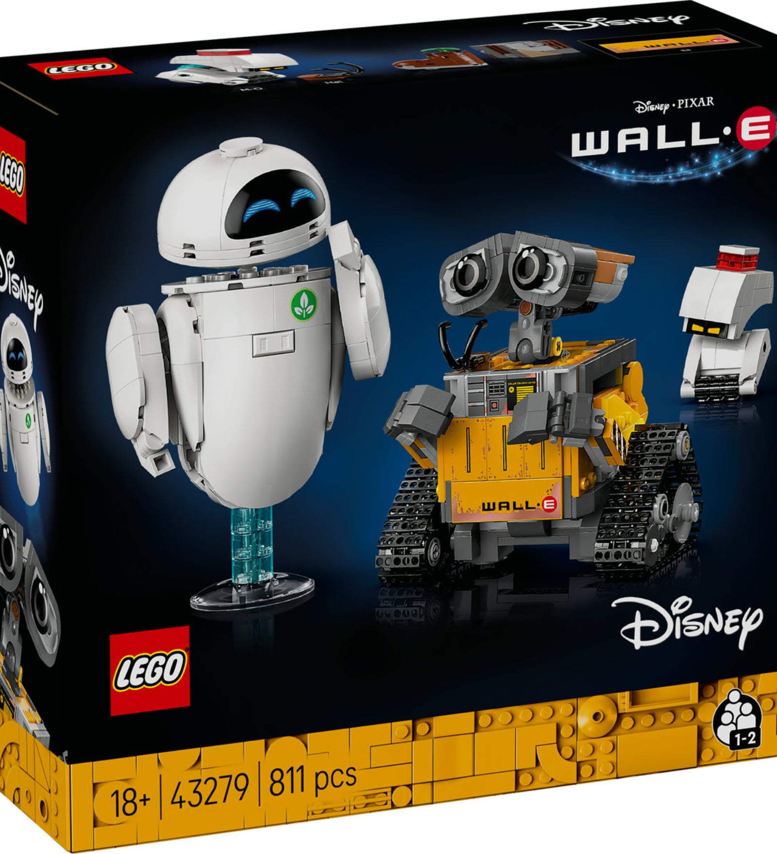 LEGO Disney Pixar 43279 dobozkép, amely a klasszikus karaktereket mutatja: a sárga kockás testű WALL·E-t, az elegáns fehér EVA-t és a kis M-O robotot.