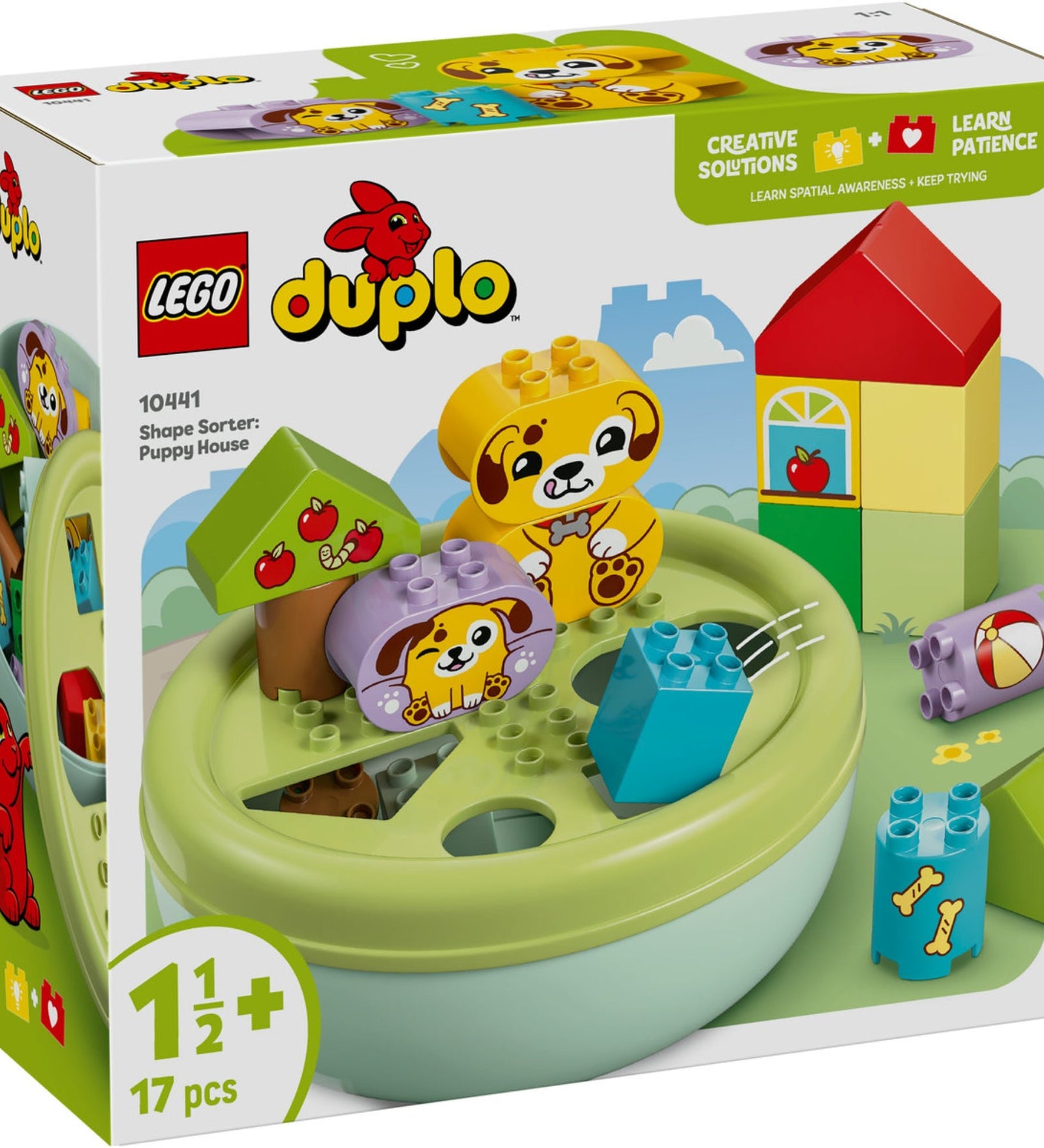  LEGO DUPLO Formaválogató házikó (10441) doboza színes elemekkel, kutyusos motívumokkal és zöld tetővel ellátott válogatótálla