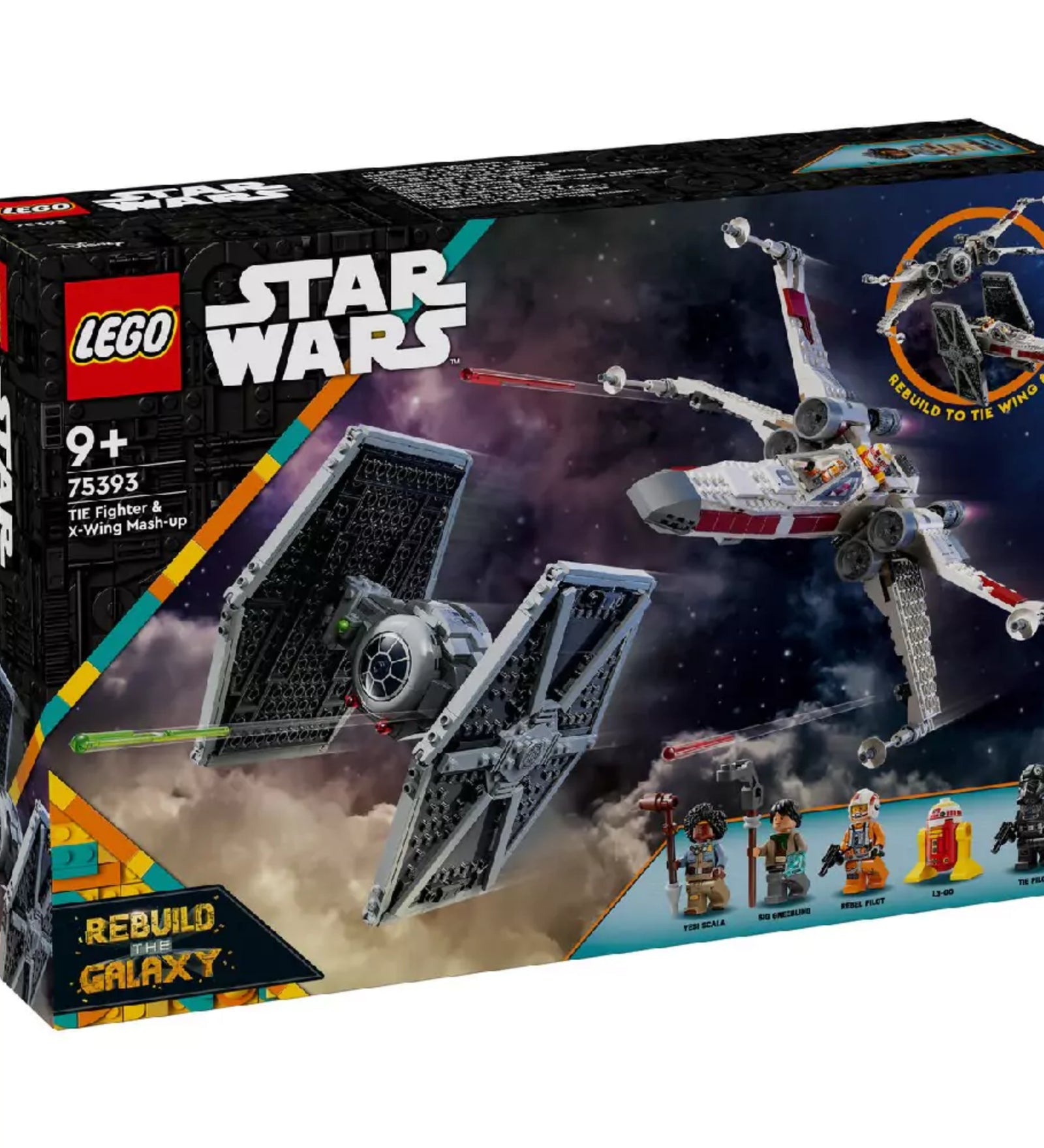 A LEGO Star Wars TIE Fighter és X-Wing mash-up szett (75393) színes, akciódús doboza, amely a két hajó összecsapását ábrázolja űrbéli háttér előtt.