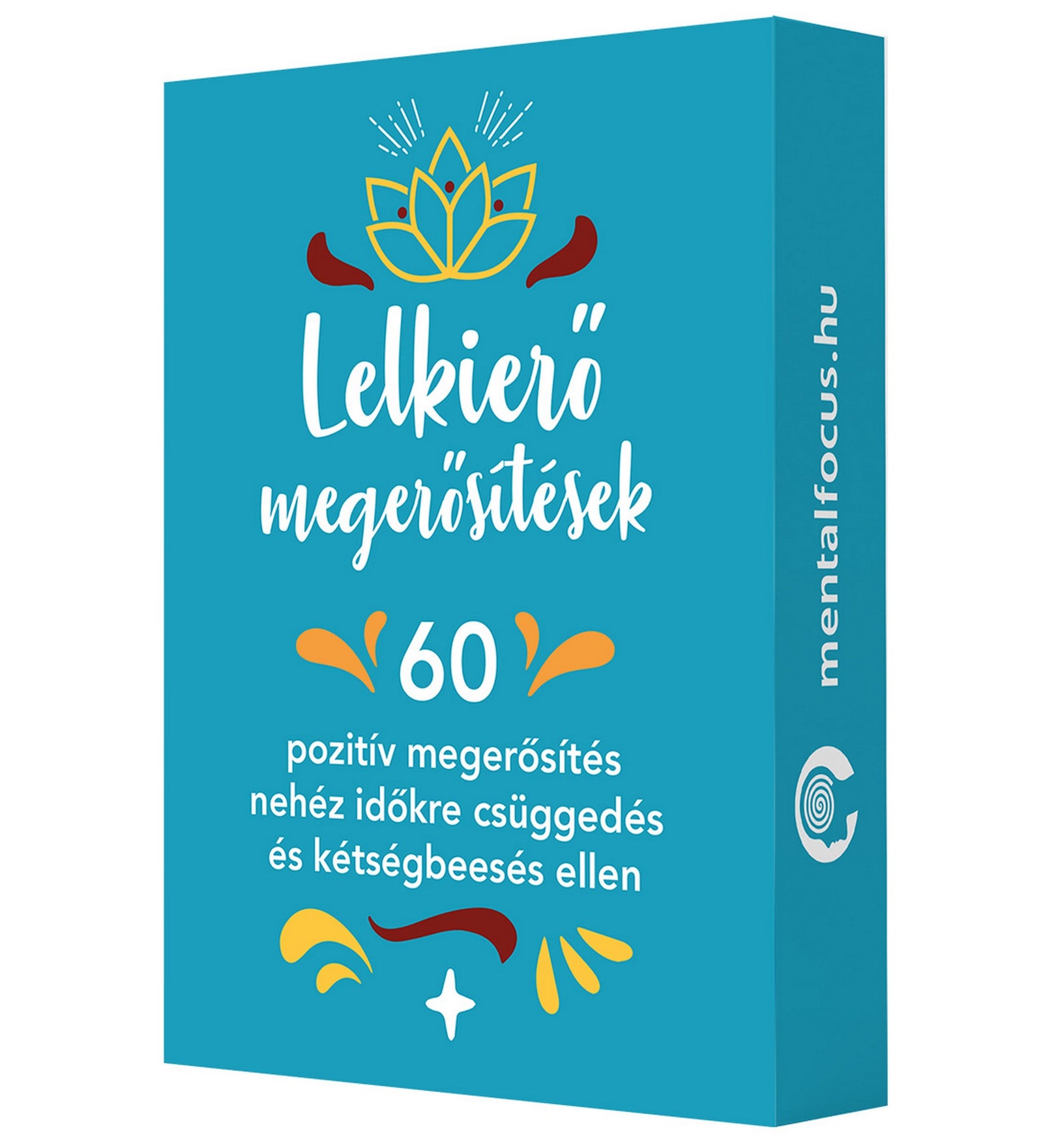 Lelki erő megerősítések doboza kék színben, 60 pozitív megerősítéssel nehéz időkre és belső erő növelésére.