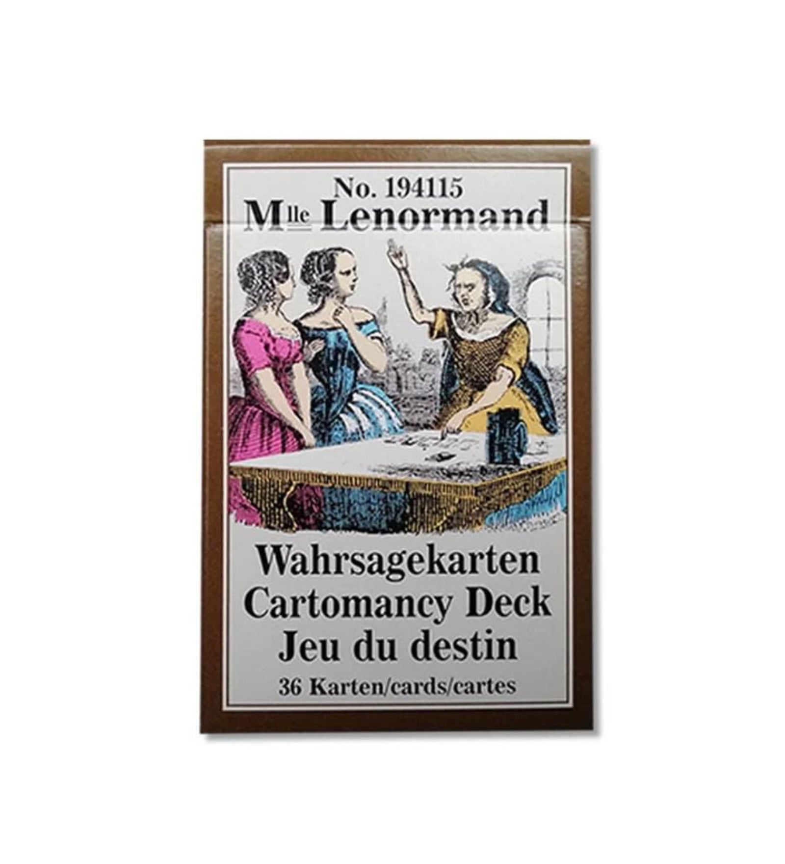 A képen a Mlle Lenormand Wahrsagekarten – Cartomancy Deck jóskártyacsomag látható, mely a híres francia jósnő, Mlle Lenormand nevéhez fűződik. A doboz illusztrációján három hölgy körül ül egy asztalnál, egyikük kiterített kártyákat értelmez. A felirat több nyelven tájékoztat a csomag tartalmáról: 36 kártyát tartalmazó sorsjáték, melyet jóslásra használnak.