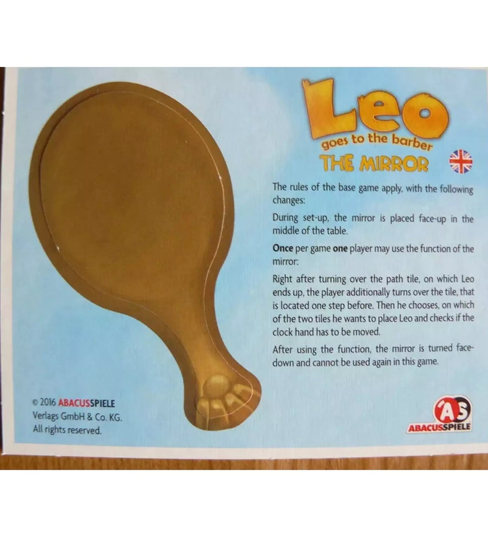 Leo – A tükör kiegészítő angol nyelvű szabályleírása. A tükör játékelem funkcióit és használatát magyarázó szöveg látható.