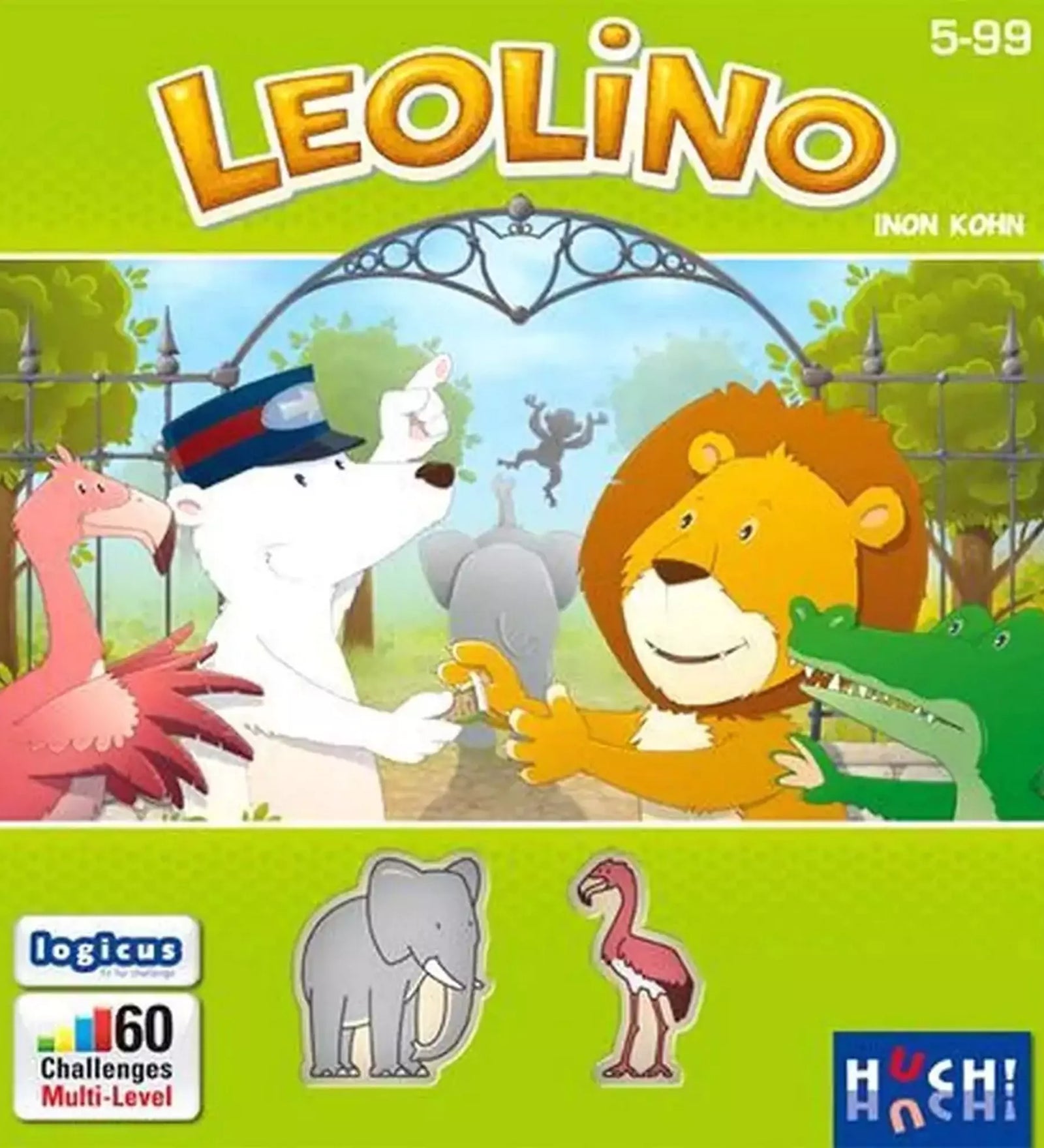 Leolino logikai játék doboza. A borítón vidám állatok láthatók, köztük egy oroszlán, jegesmedve és krokodil, akik egy állatkerti kapunál találkoznak.