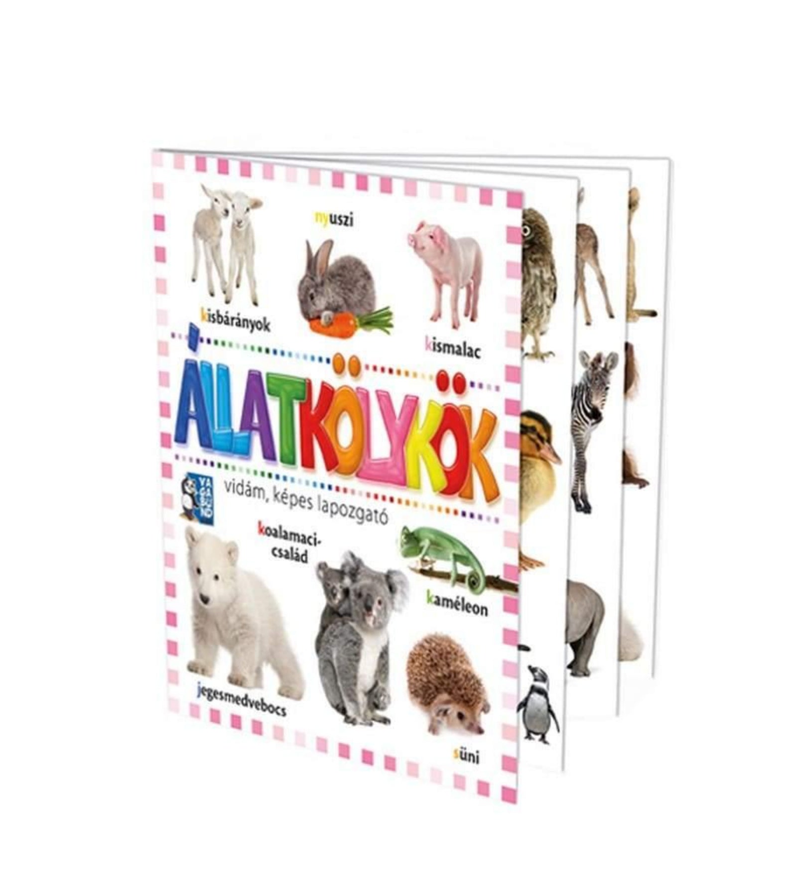 Állatkölykök – vidám, képes lapozgató gyerekkönyv borítója, amelyen különféle állatkölykök láthatók, például nyuszi, kismalac, jegesmedvebocs, koalák és sün.