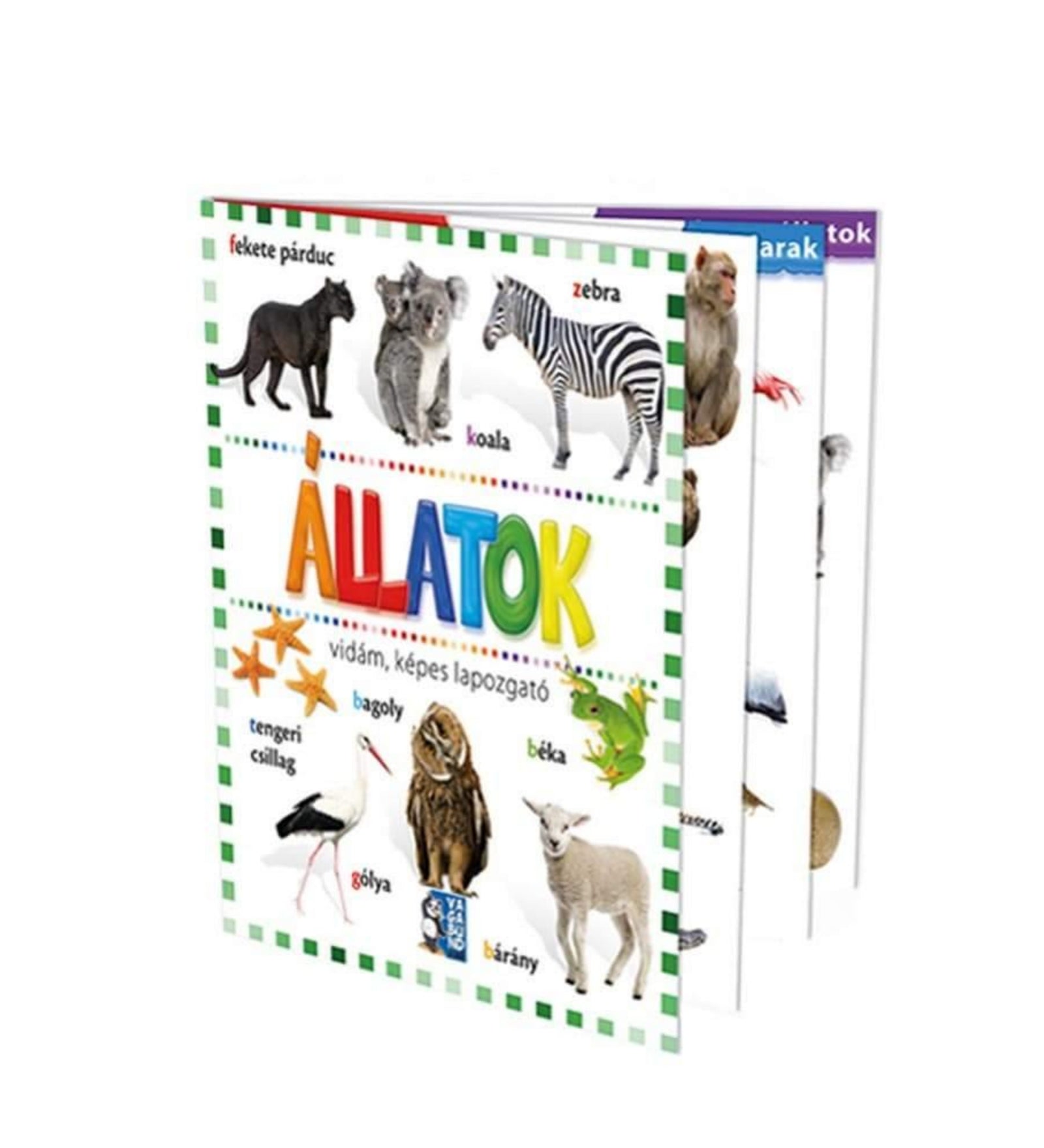 Állatok – vidám, képes lapozgató gyerekkönyv borítója, amelyen különféle állatok láthatók, például fekete párduc, koala, zebra, gólya, bagoly, béka és bárány.