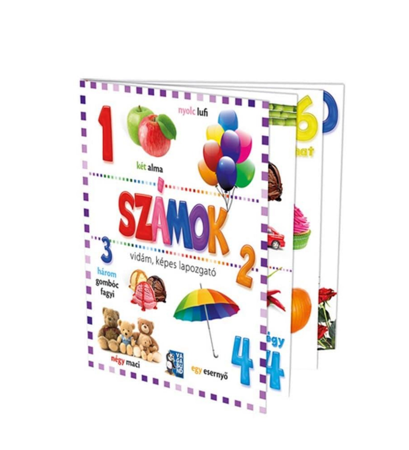 Számok – vidám, képes lapozgató gyerekkönyv borítója, amelyen különféle tárgyak és ételek láthatók számokhoz kapcsolva, például almák, fagyi, macik és színes esernyő.