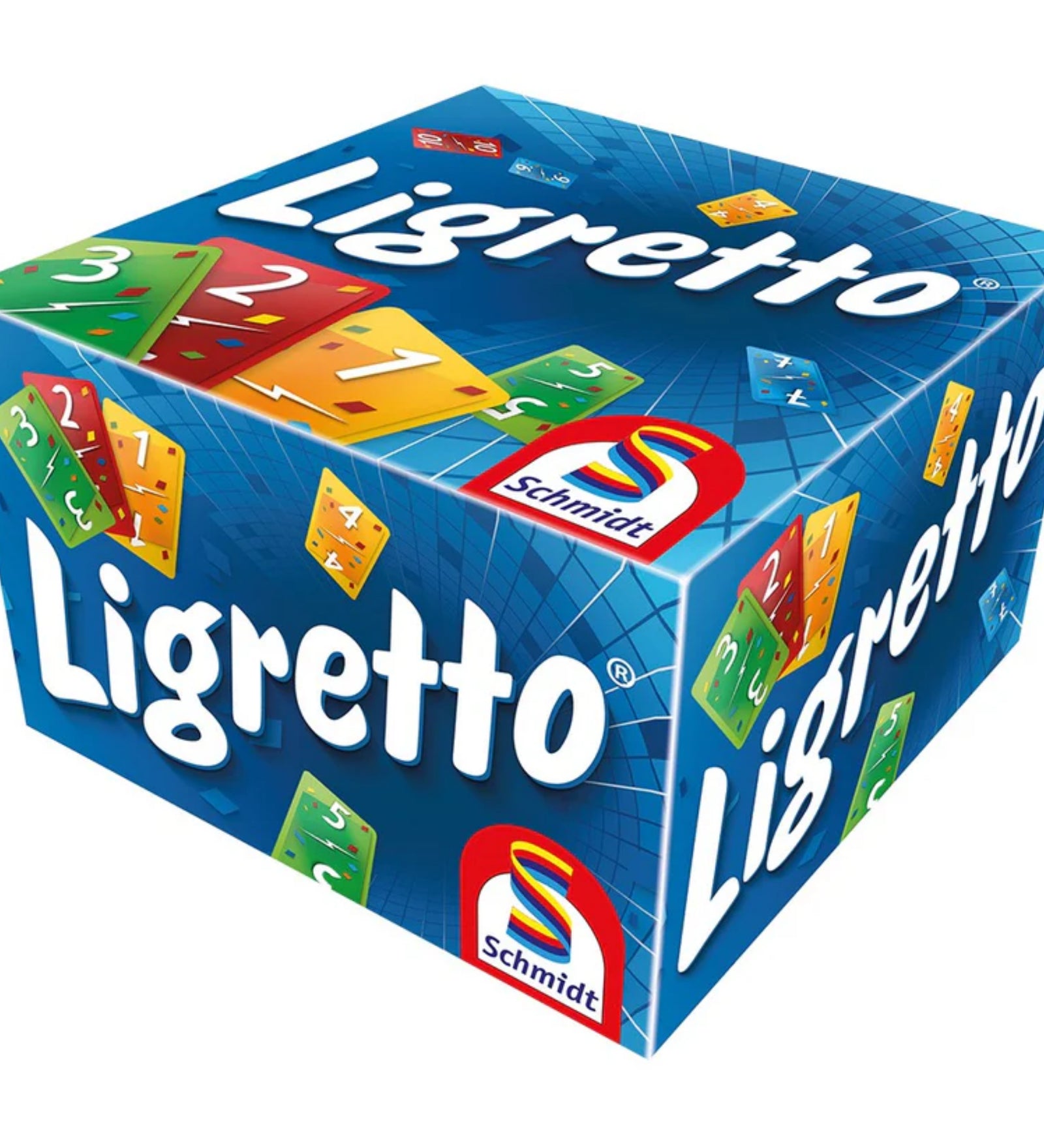 A Ligretto Blue gyorsasági kártyajáték élénk kék színű doboza, színes kártyákkal díszítve, rajta a Schmidt logó és a Ligretto felirat.