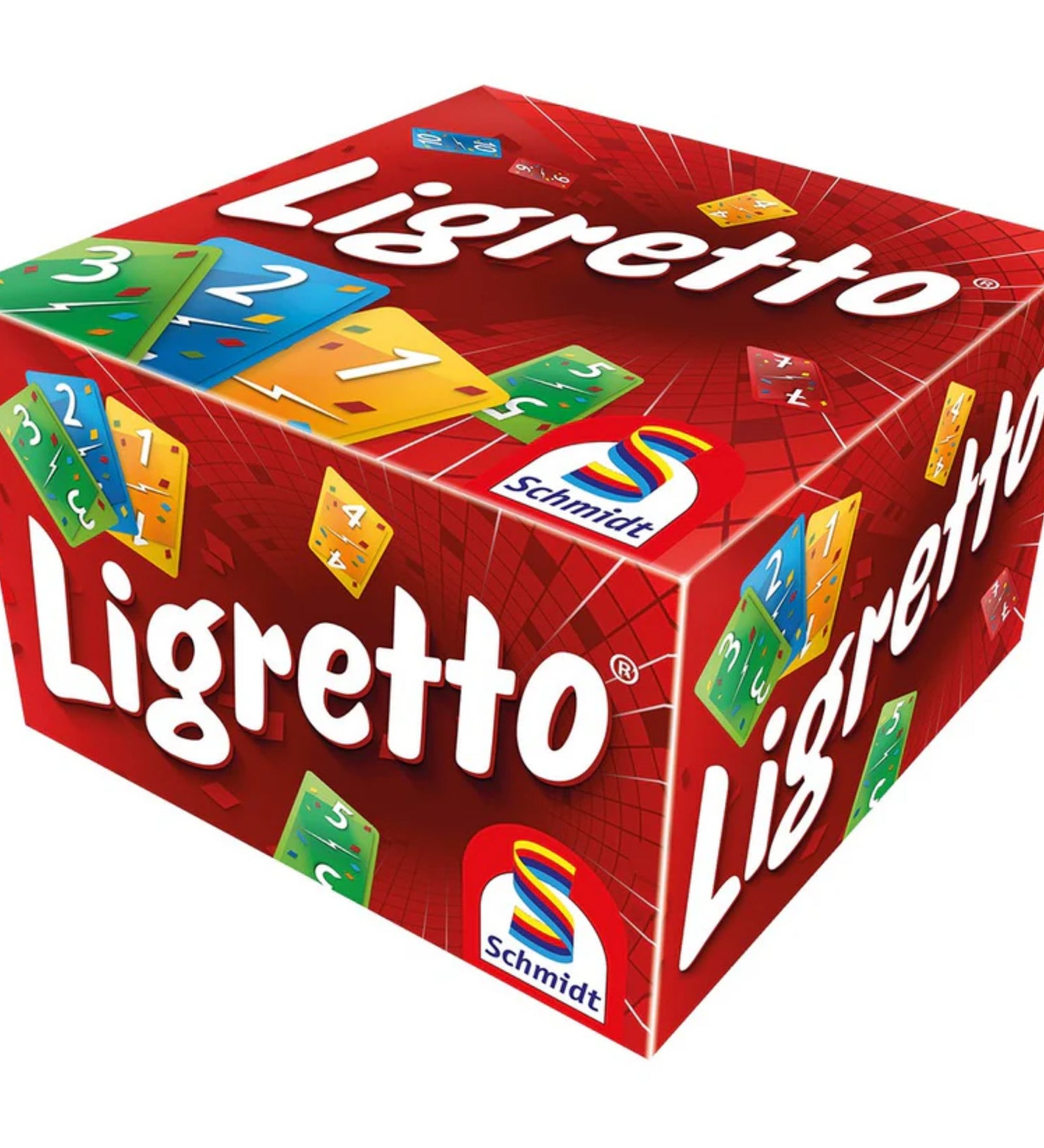 A Ligretto Red gyorsasági kártyajáték piros színű, dinamikus grafikájú doboza, rajta a színes kártyákkal és a Schmidt logóval.